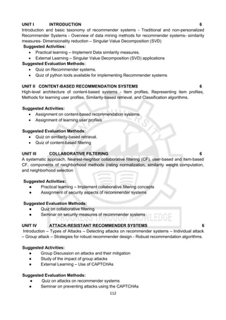112
UNIT I INTRODUCTION 6
Introduction and basic taxonomy of recommender systems - Traditional and non-personalized
Recommender Systems - Overview of data mining methods for recommender systems- similarity
measures- Dimensionality reduction – Singular Value Decomposition (SVD)
Suggested Activities:
 Practical learning – Implement Data similarity measures.
 External Learning – Singular Value Decomposition (SVD) applications
Suggested Evaluation Methods:
 Quiz on Recommender systems.
 Quiz of python tools available for implementing Recommender systems
UNIT II CONTENT-BASED RECOMMENDATION SYSTEMS 6
High-level architecture of content-based systems - Item profiles, Representing item profiles,
Methods for learning user profiles, Similarity-based retrieval, and Classification algorithms.
Suggested Activities:
 Assignment on content-based recommendation systems
 Assignment of learning user profiles
Suggested Evaluation Methods:
 Quiz on similarity-based retrieval.
 Quiz of content-based filtering
UNIT III COLLABORATIVE FILTERING 6
A systematic approach, Nearest-neighbor collaborative filtering (CF), user-based and item-based
CF, components of neighborhood methods (rating normalization, similarity weight computation,
and neighborhood selection
Suggested Activities:
● Practical learning – Implement collaborative filtering concepts
● Assignment of security aspects of recommender systems
Suggested Evaluation Methods:
● Quiz on collaborative filtering
● Seminar on security measures of recommender systems
UNIT IV ATTACK-RESISTANT RECOMMENDER SYSTEMS 6
Introduction – Types of Attacks – Detecting attacks on recommender systems – Individual attack
– Group attack – Strategies for robust recommender design - Robust recommendation algorithms.
Suggested Activities:
● Group Discussion on attacks and their mitigation
● Study of the impact of group attacks
● External Learning – Use of CAPTCHAs
Suggested Evaluation Methods:
● Quiz on attacks on recommender systems
● Seminar on preventing attacks using the CAPTCHAs
 