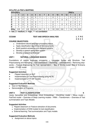 116
CO’s-PO’s & PSO’s MAPPING
CO’s PO’s PSO’s
1 2 3 4 5 6 7 8 9 10 11 12 1 2 3
1 3 2 3 2 3 1 - - 2 1 - - 2 2 1
2 3 1 2 1 - - - - - 1 2 2 - 1 -
3 3 3 3 3 3 1 - - 2 1 - - 2 2 1
4 3 3 3 3 3 - - - 2 - 2 3 2 2 2
5 1 1 3 2 3 - - - 2 - - - 1 1 -
AVg. 2.6 2 2.8 2.2 2.4 0.4 0 0 1.6 0.6 0.8 1 1.4 1.6 0.8
1 - low, 2 - medium, 3 - high, ‘-“- no correlation
CCS369 TEXT AND SPEECH ANALYSIS L T P C
2 0 2 3
COURSE OBJECTIVES:
 Understand natural language processing basics
 Apply classification algorithms to text documents
 Build question-answering and dialogue systems
 Develop a speech recognition system
 Develop a speech synthesizer
UNIT I NATURAL LANGUAGE BASICS 6
Foundations of natural language processing – Language Syntax and Structure- Text
Preprocessing and Wrangling – Text tokenization – Stemming – Lemmatization – Removing stop-
words – Feature Engineering for Text representation – Bag of Words model- Bag of N-Grams
model – TF-IDF model
Suggested Activities
● Flipped classroom on NLP
● Implementation of Text Preprocessing using NLTK
● Implementation of TF-IDF models
Suggested Evaluation Methods
 Quiz on NLP Basics
 Demonstration of Programs
UNIT II TEXT CLASSIFICATION 6
Vector Semantics and Embeddings -Word Embeddings - Word2Vec model – Glove model –
FastText model – Overview of Deep Learning models – RNN – Transformers – Overview of Text
summarization and Topic Models
Suggested Activities
 Flipped classroom on Feature extraction of documents
 Implementation of SVM models for text classification
 External learning: Text summarization and Topic models
Suggested Evaluation Methods
 Assignment on above topics
 