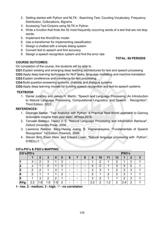 118
2. Getting started with Python and NLTK - Searching Text, Counting Vocabulary, Frequency
Distribution, Collocations, Bigrams
3. Accessing Text Corpora using NLTK in Python
4. Write a function that finds the 50 most frequently occurring words of a text that are not stop
words.
5. Implement the Word2Vec model
6. Use a transformer for implementing classification
7. Design a chatbot with a simple dialog system
8. Convert text to speech and find accuracy
9. Design a speech recognition system and find the error rate
TOTAL: 60 PERIODS
COURSE OUTCOMES:
On completion of the course, the students will be able to
CO1:Explain existing and emerging deep learning architectures for text and speech processing
CO2:Apply deep learning techniques for NLP tasks, language modelling and machine translation
CO3:Explain coreference and coherence for text processing
CO4:Build question-answering systems, chatbots and dialogue systems
CO5:Apply deep learning models for building speech recognition and text-to-speech systems
TEXTBOOK
1. Daniel Jurafsky and James H. Martin, “Speech and Language Processing: An Introduction
to Natural Language Processing, Computational Linguistics, and Speech Recognition”,
Third Edition, 2022.
REFERENCES:
1. Dipanjan Sarkar, “Text Analytics with Python: A Practical Real-World approach to Gaining
Actionable insights from your data”, APress,2018.
2. Tanveer Siddiqui, Tiwary U S, “Natural Language Processing and Information Retrieval”,
Oxford University Press, 2008.
3. Lawrence Rabiner, Biing-Hwang Juang, B. Yegnanarayana, “Fundamentals of Speech
Recognition” 1st Edition, Pearson, 2009.
4. Steven Bird, Ewan Klein, and Edward Loper, “Natural language processing with Python”,
O’REILLY.
CO’s-PO’s & PSO’s MAPPING
CO’s PO’s PSO’s
1 2 3 4 5 6 7 8 9 10 11 12 1 2 3
1 3 2 3 1 3 - - - 1 2 1 2 1 1 1
2 3 1 2 1 3 - - - 2 2 1 3 3 2 1
3 2 2 1 3 1 - - - 3 3 1 2 3 3 1
4 2 1 1 1 2 - - - 2 1 2 2 3 1 1
5 1 3 2 2 1 - - - 3 2 1 1 2 3 1
AVg. 2.2 1.8 1.8 1.6 2 - - - 2.2 2 1.2 2 2.4 2 1
1 - low, 2 - medium, 3 - high, ‘-' - no correlation
 