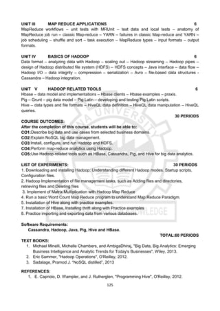 125
UNIT III MAP REDUCE APPLICATIONS 6
MapReduce workflows – unit tests with MRUnit – test data and local tests – anatomy of
MapReduce job run – classic Map-reduce – YARN – failures in classic Map-reduce and YARN –
job scheduling – shuffle and sort – task execution – MapReduce types – input formats – output
formats.
UNIT IV BASICS OF HADOOP 6
Data format – analyzing data with Hadoop – scaling out – Hadoop streaming – Hadoop pipes –
design of Hadoop distributed file system (HDFS) – HDFS concepts – Java interface – data flow –
Hadoop I/O – data integrity – compression – serialization – Avro – file-based data structures -
Cassandra – Hadoop integration.
UNIT V HADOOP RELATED TOOLS 6
Hbase – data model and implementations – Hbase clients – Hbase examples – praxis.
Pig – Grunt – pig data model – Pig Latin – developing and testing Pig Latin scripts.
Hive – data types and file formats – HiveQL data definition – HiveQL data manipulation – HiveQL
queries.
30 PERIODS
COURSE OUTCOMES:
After the completion of this course, students will be able to:
CO1:Describe big data and use cases from selected business domains.
CO2:Explain NoSQL big data management.
CO3:Install, configure, and run Hadoop and HDFS.
CO4:Perform map-reduce analytics using Hadoop.
CO5:Use Hadoop-related tools such as HBase, Cassandra, Pig, and Hive for big data analytics.
LIST OF EXPERIMENTS: 30 PERIODS
1. Downloading and installing Hadoop; Understanding different Hadoop modes. Startup scripts,
Configuration files.
2. Hadoop Implementation of file management tasks, such as Adding files and directories,
retrieving files and Deleting files
3. Implement of Matrix Multiplication with Hadoop Map Reduce
4. Run a basic Word Count Map Reduce program to understand Map Reduce Paradigm.
5. Installation of Hive along with practice examples.
7. Installation of HBase, Installing thrift along with Practice examples
8. Practice importing and exporting data from various databases.
Software Requirements:
Cassandra, Hadoop, Java, Pig, Hive and HBase.
TOTAL:60 PERIODS
TEXT BOOKS:
1. Michael Minelli, Michelle Chambers, and AmbigaDhiraj, "Big Data, Big Analytics: Emerging
Business Intelligence and Analytic Trends for Today's Businesses", Wiley, 2013.
2. Eric Sammer, "Hadoop Operations", O'Reilley, 2012.
3. Sadalage, Pramod J. “NoSQL distilled”, 2013
REFERENCES:
1. E. Capriolo, D. Wampler, and J. Rutherglen, "Programming Hive", O'Reilley, 2012.
 