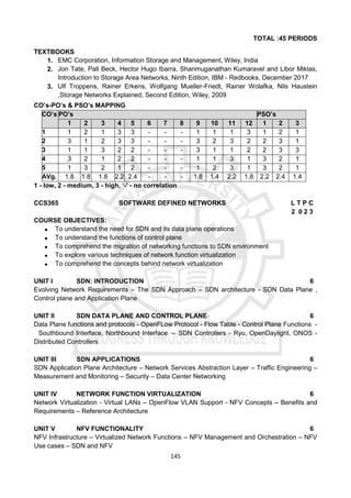 145
TOTAL :45 PERIODS
TEXTBOOKS
1. EMC Corporation, Information Storage and Management, Wiley, India
2. Jon Tate, Pall Beck, Hector Hugo Ibarra, Shanmuganathan Kumaravel and Libor Miklas,
Introduction to Storage Area Networks, Ninth Edition, IBM - Redbooks, December 2017
3. Ulf Troppens, Rainer Erkens, Wolfgang Mueller-Friedt, Rainer Wolafka, Nils Haustein
,Storage Networks Explained, Second Edition, Wiley, 2009
CO’s-PO’s & PSO’s MAPPING
CO’s PO’s PSO’s
1 2 3 4 5 6 7 8 9 10 11 12 1 2 3
1 1 2 1 3 3 - - - 1 1 1 3 1 2 1
2 3 1 2 3 3 - - - 3 2 3 2 2 3 1
3 1 1 3 2 2 - - - 3 1 1 2 2 3 3
4 3 2 1 2 2 - - - 1 1 3 1 3 2 1
5 1 3 2 1 2 - - - 1 2 3 1 3 2 1
AVg. 1.8 1.8 1.8 2.2 2.4 - - - 1.8 1.4 2.2 1.8 2.2 2.4 1.4
1 - low, 2 - medium, 3 - high, ‘-' - no correlation
CCS365 SOFTWARE DEFINED NETWORKS L T P C
2 0 2 3
COURSE OBJECTIVES:
 To understand the need for SDN and its data plane operations
 To understand the functions of control plane
 To comprehend the migration of networking functions to SDN environment
 To explore various techniques of network function virtualization
 To comprehend the concepts behind network virtualization
UNIT I SDN: INTRODUCTION 6
Evolving Network Requirements – The SDN Approach – SDN architecture - SDN Data Plane ,
Control plane and Application Plane
UNIT II SDN DATA PLANE AND CONTROL PLANE 6
Data Plane functions and protocols - OpenFLow Protocol - Flow Table - Control Plane Functions -
Southbound Interface, Northbound Interface – SDN Controllers - Ryu, OpenDaylight, ONOS -
Distributed Controllers
UNIT III SDN APPLICATIONS 6
SDN Application Plane Architecture – Network Services Abstraction Layer – Traffic Engineering –
Measurement and Monitoring – Security – Data Center Networking
UNIT IV NETWORK FUNCTION VIRTUALIZATION 6
Network Virtualization - Virtual LANs – OpenFlow VLAN Support - NFV Concepts – Benefits and
Requirements – Reference Architecture
UNIT V NFV FUNCTIONALITY 6
NFV Infrastructure – Virtualized Network Functions – NFV Management and Orchestration – NFV
Use cases – SDN and NFV
 