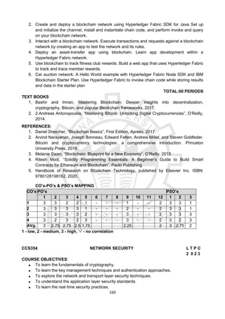 160
2. Create and deploy a blockchain network using Hyperledger Fabric SDK for Java Set up
and initialize the channel, install and instantiate chain code, and perform invoke and query
on your blockchain network.
3. Interact with a blockchain network. Execute transactions and requests against a blockchain
network by creating an app to test the network and its rules.
4. Deploy an asset-transfer app using blockchain. Learn app development within a
Hyperledger Fabric network.
5. Use blockchain to track fitness club rewards. Build a web app that uses Hyperledger Fabric
to track and trace member rewards.
6. Car auction network: A Hello World example with Hyperledger Fabric Node SDK and IBM
Blockchain Starter Plan. Use Hyperledger Fabric to invoke chain code while storing results
and data in the starter plan
TOTAL:60 PERIODS
TEXT BOOKS
1. Bashir and Imran, Mastering Blockchain: Deeper insights into decentralization,
cryptography, Bitcoin, and popular Blockchain frameworks, 2017.
2. 2.Andreas Antonopoulos, “Mastering Bitcoin: Unlocking Digital Cryptocurrencies”, O’Reilly,
2014.
REFERENCES:
1. Daniel Drescher, “Blockchain Basics”, First Edition, Apress, 2017.
2. Arvind Narayanan, Joseph Bonneau, Edward Felten, Andrew Miller, and Steven Goldfeder.
Bitcoin and cryptocurrency technologies: a comprehensive introduction. Princeton
University Press, 2016.
3. Melanie Swan, “Blockchain: Blueprint for a New Economy”, O’Reilly, 2015
4. Ritesh Modi, “Solidity Programming Essentials: A Beginner’s Guide to Build Smart
Contracts for Ethereum and Blockchain”, Packt Publishing
5. Handbook of Research on Blockchain Technology, published by Elsevier Inc. ISBN:
9780128198162, 2020.
CO’s-PO’s & PSO’s MAPPING
CO’s PO’s PSO’s
1 2 3 4 5 6 7 8 9 10 11 12 1 2 3
1 3 3 2 2 1 - - - 1 - - 2 3 3 1
2 3 3 3 3 1 - - - 2 - - 2 3 3 1
3 3 3 3 3 2 - - - 3 - - 2 3 3 3
4 3 2 3 2 3 - - - 3 - - 2 3 2 3
AVg. 3 2.75 2.75 2.5 1.75 2.25 2 3 2.75 2
1 - low, 2 - medium, 3 - high, ‘-' - no correlation
CCS354 NETWORK SECURITY L T P C
2 0 2 3
COURSE OBJECTIVES:
 To learn the fundamentals of cryptography.
 To learn the key management techniques and authentication approaches.
 To explore the network and transport layer security techniques.
 To understand the application layer security standards.
 To learn the real time security practices.
 