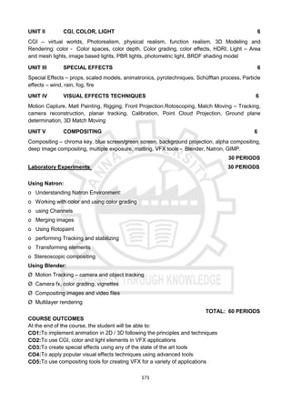 171
UNIT II CGI, COLOR, LIGHT 6
CGI – virtual worlds, Photorealism, physical realism, function realism, 3D Modeling and
Rendering: color - Color spaces, color depth, Color grading, color effects, HDRI, Light – Area
and mesh lights, image based lights, PBR lights, photometric light, BRDF shading model
UNIT III SPECIAL EFFECTS 6
Special Effects – props, scaled models, animatronics, pyrotechniques, Schüfftan process, Particle
effects – wind, rain, fog, fire
UNIT IV VISUAL EFFECTS TECHNIQUES 6
Motion Capture, Matt Painting, Rigging, Front Projection.Rotoscoping, Match Moving – Tracking,
camera reconstruction, planar tracking, Calibration, Point Cloud Projection, Ground plane
determination, 3D Match Moving
UNIT V COMPOSITING 6
Compositing – chroma key, blue screen/green screen, background projection, alpha compositing,
deep image compositing, multiple exposure, matting, VFX tools - Blender, Natron, GIMP.
30 PERIODS
Laboratory Experiments: 30 PERIODS
Using Natron:
o Understanding Natron Environment:
o Working with color and using color grading
o using Channels
o Merging images
o Using Rotopaint
o performing Tracking and stabilizing
o Transforming elements
o Stereoscopic compositing
Using Blender:
Ø Motion Tracking – camera and object tracking
Ø Camera fx, color grading, vignettes
Ø Compositing images and video files
Ø Multilayer rendering
TOTAL: 60 PERIODS
COURSE OUTCOMES
At the end of the course, the student will be able to:
CO1:To implement animation in 2D / 3D following the principles and techniques
CO2:To use CGI, color and light elements in VFX applications
CO3:To create special effects using any of the state of the art tools
CO4:To apply popular visual effects techniques using advanced tools
CO5:To use compositing tools for creating VFX for a variety of applications
 