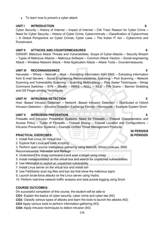 178
 To learn how to prevent a cyber attack.
UNIT I INTRODUCTION 6
Cyber Security – History of Internet – Impact of Internet – CIA Triad; Reason for Cyber Crime –
Need for Cyber Security – History of Cyber Crime; Cybercriminals – Classification of Cybercrimes
– A Global Perspective on Cyber Crimes; Cyber Laws – The Indian IT Act – Cybercrime and
Punishment.
UNIT II ATTACKS AND COUNTERMEASURES 6
OSWAP; Malicious Attack Threats and Vulnerabilities: Scope of Cyber-Attacks – Security Breach
– Types of Malicious Attacks – Malicious Software – Common Attack Vectors – Social engineering
Attack – Wireless Network Attack – Web Application Attack – Attack Tools – Countermeasures.
UNIT III RECONNAISSANCE 5
Harvester – Whois – Netcraft – Host – Extracting Information from DNS – Extracting Information
from E-mail Servers – Social Engineering Reconnaissance; Scanning – Port Scanning – Network
Scanning and Vulnerability Scanning – Scanning Methodology – Ping Sweer Techniques – Nmap
Command Switches – SYN – Stealth – XMAS – NULL – IDLE – FIN Scans – Banner Grabbing
and OS Finger printing Techniques.
UNIT IV INTRUSION DETECTION 5
Host -Based Intrusion Detection – Network -Based Intrusion Detection – Distributed or Hybrid
Intrusion Detection – Intrusion Detection Exchange Format – Honeypots – Example System Snort.
UNIT V INTRUSION PREVENTION 5
Firewalls and Intrusion Prevention Systems: Need for Firewalls – Firewall Characteristics and
Access Policy – Types of Firewalls – Firewall Basing – Firewall Location and Configurations –
Intrusion Prevention Systems – Example Unified Threat Management Products.
30 PERIODS
PRACTICAL EXERCISES: 30 PERIODS
1. Install Kali Linux on Virtual box
2. Explore Kali Linux and bash scripting
3. Perform open source intelligence gathering using Netcraft, Whois Lookups, DNS
Reconnaissance, Harvester and Maltego
4. Understand the nmap command d and scan a target using nmap
5. Install metasploitable2 on the virtual box and search for unpatched vulnerabilities
6. Use Metasploit to exploit an unpatched vulnerability
7. Install Linus server on the virtual box and install ssh
8. Use Fail2banto scan log files and ban Ips that show the malicious signs
9. Launch brute-force attacks on the Linux server using Hydra.
10. Perform real-time network traffic analysis and data pocket logging using Snort
COURSE OUTCOMES:
On successful completion of this course, the student will be able to
CO1: Explain the basics of cyber security, cyber crime and cyber law (K2)
CO2: Classify various types of attacks and learn the tools to launch the attacks (K2)
CO3 Apply various tools to perform information gathering (K3)
CO4: Apply intrusion techniques to detect intrusion (K3)
 