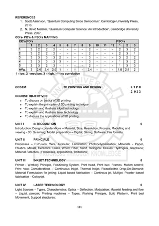 181
REFERENCES
1. Scott Aaronson, “Quantum Computing Since Democritus”, Cambridge University Press,
2013.
2. N. David Mermin, “Quantum Computer Science: An Introduction”, Cambridge University
Press, 2007.
CO’s- PO’s & PSO’s MAPPING
CO’s PO’s PSO’s
1 2 3 4 5 6 7 8 9 10 11 12 1 2 3
1 3 2 2 2 - - - - 2 - - - 2 3 2
2 3 2 2 2 - - - - 2 - - - 2 3 1
3 3 3 3 3 2 - - - 3 - - - 3 2 2
4 3 3 3 3 3 - - - 3 - - - 1 3 2
5 3 3 2 3 - - - - 2 - - - 1 3 3
AVg. 3 2.6 2.4 2.6 1 - - - 2.4 - - - 1.8 2.8 2
1 - low, 2 - medium, 3 - high, ‘-“- no correlation
CCS331 3D PRINTING AND DESIGN L T P C
2 0 2 3
COURSE OBJECTIVES:
 To discuss on basics of 3D printing
 To explain the principles of 3D printing technique
 To explain and illustrate inkjet technology
 To explain and illustrate laser technology
 To discuss the applications of 3D printing
UNIT I INTRODUCTION 6
Introduction; Design considerations – Material, Size, Resolution, Process; Modelling and
viewing - 3D; Scanning; Model preparation – Digital; Slicing; Software; File formats
UNIT II PRINCIPLE 6
Processes – Extrusion, Wire, Granular, Lamination, Photopolymerisation; Materials - Paper,
Plastics, Metals, Ceramics, Glass, Wood, Fiber, Sand, Biological Tissues, Hydrogels, Graphene;
Material Selection - Processes, applications, limitations;
UNIT III INKJET TECHNOLOGY 6
Printer - Working Principle, Positioning System, Print head, Print bed, Frames, Motion control;
Print head Considerations – Continuous Inkjet, Thermal Inkjet, Piezoelectric Drop-On-Demand;
Material Formulation for jetting; Liquid based fabrication – Continous jet, Mulitjet; Powder based
fabrication – Colourjet.
UNIT IV LASER TECHNOLOGY 6
Light Sources – Types, Characteristics; Optics – Deflection, Modulation; Material feeding and flow
– Liquid, powder; Printing machines – Types, Working Principle, Build Platform, Print bed
Movement, Support structures;
 
