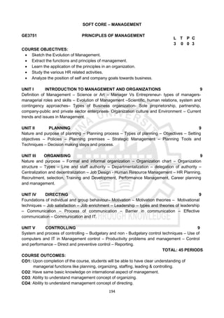194
SOFT CORE – MANAGEMENT
GE3751 PRINCIPLES OF MANAGEMENT
COURSE OBJECTIVES:
 Sketch the Evolution of Management.
 Extract the functions and principles of management.
 Learn the application of the principles in an organization.
 Study the various HR related activities.
 Analyze the position of self and company goals towards business.
UNIT I INTRODUCTION TO MANAGEMENT AND ORGANIZATIONS 9
Definition of Management – Science or Art – Manager Vs Entrepreneur- types of managers-
managerial roles and skills – Evolution of Management –Scientific, human relations, system and
contingency approaches– Types of Business organization- Sole proprietorship, partnership,
company-public and private sector enterprises- Organization culture and Environment – Current
trends and issues in Management.
UNIT II PLANNING 9
Nature and purpose of planning – Planning process – Types of planning – Objectives – Setting
objectives – Policies – Planning premises – Strategic Management – Planning Tools and
Techniques – Decision making steps and process.
UNIT III ORGANISING 9
Nature and purpose – Formal and informal organization – Organization chart – Organization
structure – Types – Line and staff authority – Departmentalization – delegation of authority –
Centralization and decentralization – Job Design - Human Resource Management – HR Planning,
Recruitment, selection, Training and Development, Performance Management, Career planning
and management.
UNIT IV DIRECTING 9
Foundations of individual and group behaviour– Motivation – Motivation theories – Motivational
techniques – Job satisfaction – Job enrichment – Leadership – types and theories of leadership
– Communication – Process of communication – Barrier in communication – Effective
communication – Communication and IT.
UNIT V CONTROLLING 9
System and process of controlling – Budgetary and non - Budgetary control techniques – Use of
computers and IT in Management control – Productivity problems and management – Control
and performance – Direct and preventive control – Reporting.
TOTAL: 45 PERIODS
COURSE OUTCOMES:
CO1: Upon completion of the course, students will be able to have clear understanding of
managerial functions like planning, organizing, staffing, leading & controlling.
CO2: Have same basic knowledge on international aspect of management.
CO3: Ability to understand management concept of organizing.
CO4: Ability to understand management concept of directing.
L T P C
3 0 0 3
 