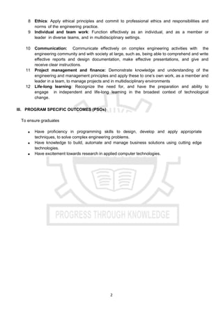 2
8 Ethics: Apply ethical principles and commit to professional ethics and responsibilities and
norms of the engineering practice.
9 Individual and team work: Function effectively as an individual, and as a member or
leader in diverse teams, and in multidisciplinary settings.
10 Communication: Communicate effectively on complex engineering activities with the
engineering community and with society at large, such as, being able to comprehend and write
effective reports and design documentation, make effective presentations, and give and
receive clear instructions.
11 Project management and finance: Demonstrate knowledge and understanding of the
engineering and management principles and apply these to one’s own work, as a member and
leader in a team, to manage projects and in multidisciplinary environments
12 Life-long learning: Recognize the need for, and have the preparation and ability to
engage in independent and life-long learning in the broadest context of technological
change.
III. PROGRAM SPECIFIC OUTCOMES (PSOs)
To ensure graduates
 Have proficiency in programming skills to design, develop and apply appropriate
techniques, to solve complex engineering problems.
 Have knowledge to build, automate and manage business solutions using cutting edge
technologies.
 Have excitement towards research in applied computer technologies.
 