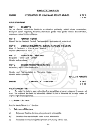 203
MANDATORY COURSES I
MX3081 INTRODUCTION TO WOMEN AND GENDER STUDIES L T P C
3 0 0 0
COURSE OUTLINE
UNIT I CONCEPTS
Sex vs. Gender, masculinity, femininity, socialization, patriarchy, public/ private, essentialism,
binaryism, power, hegemony, hierarchy, stereotype, gender roles, gender relation, deconstruction,
resistance, sexual division of labour.
UNIT II FEMINIST THEORY
Liberal, Marxist, Socialist, Radical, Psychoanalytic, postmodernist, ecofeminist.
UNIT III WOMEN’S MOVEMENTS: GLOBAL, NATIONAL AND LOCAL
Rise of Feminism in Europe and America.
Women’s Movement in India.
UNIT IV GENDER AND LANGUAGE
Linguistic Forms and Gender.
Gender and narratives.
UNIT V GENDER AND REPRESENTATION
Advertising and popular visual media.
Gender and Representation in Alternative Media.
Gender and social media.
TOTAL : 45 PERIODS
MX3082 ELEMENTS OF LITERATURE L T P C
3 0 0 0
COURSE OBJECTIVE:
 To make the students aware about the finer sensibilities of human existence through an art
form. The students will learn to appreciate different forms of literature as suitable modes of
expressing human experience.
1. COURSE CONTENTS
Introduction to Elements of Literature
1. Relevance of literature
a) Enhances Reading, thinking, discussing and writing skills.
b) Develops finer sensibility for better human relationship.
c) Increases understanding of the problem of humanity without bias.
 