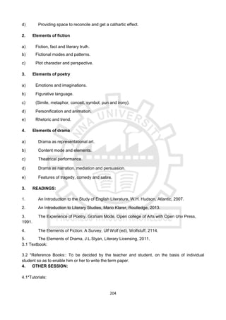 204
d) Providing space to reconcile and get a cathartic effect.
2. Elements of fiction
a) Fiction, fact and literary truth.
b) Fictional modes and patterns.
c) Plot character and perspective.
3. Elements of poetry
a) Emotions and imaginations.
b) Figurative language.
c) (Simile, metaphor, conceit, symbol, pun and irony).
d) Personification and animation.
e) Rhetoric and trend.
4. Elements of drama
a) Drama as representational art.
b) Content mode and elements.
c) Theatrical performance.
d) Drama as narration, mediation and persuasion.
e) Features of tragedy, comedy and satire.
3. READINGS:
1. An Introduction to the Study of English Literature, W.H. Hudson, Atlantic, 2007.
2. An Introduction to Literary Studies, Mario Klarer, Routledge, 2013.
3. The Experience of Poetry, Graham Mode, Open college of Arts with Open Unv Press,
1991.
4. The Elements of Fiction: A Survey, Ulf Wolf (ed), Wolfstuff, 2114.
5. The Elements of Drama, J.L.Styan, Literary Licensing, 2011.
3.1 Textbook:
3.2 *Reference Books:: To be decided by the teacher and student, on the basis of individual
student so as to enable him or her to write the term paper.
4. OTHER SESSION:
4.1*Tutorials:
 