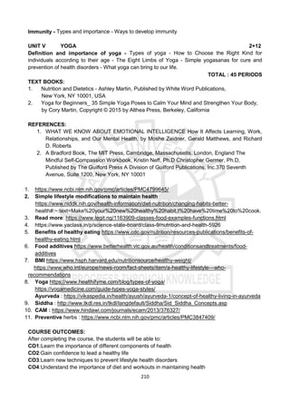 210
Immunity - Types and importance - Ways to develop immunity
UNIT V YOGA 2+12
Definition and importance of yoga - Types of yoga - How to Choose the Right Kind for
individuals according to their age - The Eight Limbs of Yoga - Simple yogasanas for cure and
prevention of health disorders - What yoga can bring to our life.
TOTAL : 45 PERIODS
TEXT BOOKS:
1. Nutrition and Dietetics - Ashley Martin, Published by White Word Publications,
New York, NY 10001, USA
2. Yoga for Beginners_ 35 Simple Yoga Poses to Calm Your Mind and Strengthen Your Body,
by Cory Martin, Copyright © 2015 by Althea Press, Berkeley, California
REFERENCES:
1. WHAT WE KNOW ABOUT EMOTIONAL INTELLIGENCE How It Affects Learning, Work,
Relationships, and Our Mental Health, by Moshe Zeidner, Gerald Matthews, and Richard
D. Roberts
2. A Bradford Book, The MIT Press, Cambridge, Massachusetts, London, England The
Mindful Self-Compassion Workbook, Kristin Neff, Ph.D Christopher Germer, Ph.D,
Published by The Guilford Press A Division of Guilford Publications, Inc.370 Seventh
Avenue, Suite 1200, New York, NY 10001
1. https://www.ncbi.nlm.nih.gov/pmc/articles/PMC4799645/
2. Simple lifestyle modifications to maintain health
https://www.niddk.nih.gov/health-information/diet-nutrition/changing-habits-better-
health#:~:text=Make%20your%20new%20healthy%20habit,t%20have%20time%20to%20cook.
3. Read more: https://www.legit.ng/1163909-classes-food-examples-functions.html
4. https://www.yaclass.in/p/science-state-board/class-9/nutrition-and-health-5926
5. Benefits of healthy eating https://www.cdc.gov/nutrition/resources-publications/benefits-of-
healthy-eating.html
6. Food additives https://www.betterhealth.vic.gov.au/health/conditionsandtreatments/food-
additives
7. BMI https://www.hsph.harvard.edu/nutritionsource/healthy-weight/
https://www.who.int/europe/news-room/fact-sheets/item/a-healthy-lifestyle---who-
recommendations
8. Yoga https://www.healthifyme.com/blog/types-of-yoga/
https://yogamedicine.com/guide-types-yoga-styles/
Ayurveda : https://vikaspedia.in/health/ayush/ayurveda-1/concept-of-healthy-living-in-ayurveda
9. Siddha : http://www.tkdl.res.in/tkdl/langdefault/Siddha/Sid_Siddha_Concepts.asp
10. CAM : https://www.hindawi.com/journals/ecam/2013/376327/
11. Preventive herbs : https://www.ncbi.nlm.nih.gov/pmc/articles/PMC3847409/
COURSE OUTCOMES:
After completing the course, the students will be able to:
CO1:Learn the importance of different components of health
CO2:Gain confidence to lead a healthy life
CO3:Learn new techniques to prevent lifestyle health disorders
CO4:Understand the importance of diet and workouts in maintaining health
 