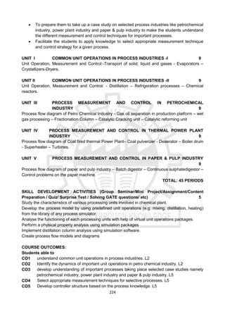 224
 To prepare them to take up a case study on selected process industries like petrochemical
industry, power plant industry and paper & pulp industry to make the students understand
the different measurement and control techniques for important processes.
 Facilitate the students to apply knowledge to select appropriate measurement technique
and control strategy for a given process.
UNIT I COMMON UNIT OPERATIONS IN PROCESS INDUSTRIES -I 9
Unit Operation, Measurement and Control:-Transport of solid, liquid and gases - Evaporators –
Crystallizers-Dryers.
UNIT II COMMON UNIT OPERATIONS IN PROCESS INDUSTRIES -II 9
Unit Operation, Measurement and Control: - Distillation – Refrigeration processes – Chemical
reactors.
UNIT III PROCESS MEASUREMENT AND CONTROL IN PETROCHEMICAL
INDUSTRY 9
Process flow diagram of Petro Chemical Industry - Gas oil separation in production platform – wet
gas processing – Fractionation Column – Catalytic Cracking unit – Catalytic reforming unit
UNIT IV PROCESS MEASUREMENT AND CONTROL IN THERMAL POWER PLANT
INDUSTRY 9
Process flow diagram of Coal fired thermal Power Plant– Coal pulverizer - Deaerator – Boiler drum
- Superheater – Turbines.
UNIT V PROCESS MEASUREMENT AND CONTROL IN PAPER & PULP INDUSTRY
9
Process flow diagram of paper and pulp industry – Batch digestor – Continuous sulphatedigestor –
Control problems on the paper machine.
TOTAL: 45 PERIODS
SKILL DEVELOPMENT ACTIVITIES (Group Seminar/Mini Project/Assignment/Content
Preparation / Quiz/ Surprise Test / Solving GATE questions/ etc) 5
Study the characteristics of various processing units involved in chemical plant.
Develop the process model by using predefined unit operations (e.g. mixing, distillation, heating)
from the library of any process simulator.
Analyse the functioning of each processing units with help of virtual unit operations packages.
Perform a physical property analysis using simulation packages
Implement distillation column analysis using simulation software.
Create process flow models and diagrams
COURSE OUTCOMES:
Students able to
CO1 understand common unit operations in process industries. L2
CO2 Identify the dynamics of important unit operations in petro chemical industry. L2
CO3 develop understanding of important processes taking place selected case studies namely
petrochemical industry, power plant industry and paper & pulp industry. L5
CO4 Select appropriate measurement techniques for selective processes. L5
CO5 Develop controller structure based on the process knowledge. L5
 