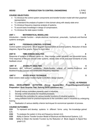 233
OEI352 INTRODUCTION TO CONTROL ENGINEERING L T P C
3 0 0 3
COURSE OBJECTIVES:
 To introduce the control system components and transfer function model with their graphical
representation
 To understand the analysis of system in time domain along with steady state error.
 To introduce frequency response analysis of systems.
 To accord basic knowledge in design of compensators.
 To introduce the state space models.
UNIT I MATHEMATICAL MODELLING 9
Introduction – transfer function – simple electrical, mechanical, ,pneumatic , hydraulic and thermal
systems–analogies
UNIT II FEEDBACK CONTROL SYSTEMS 9
Control system components - Block diagram representation of control systems, Reduction of block
diagrams, Signal flow graphs, Output to input ratios
UNIT III TIME DOMAIN ANALYSIS 9
Response of systems to different inputs viz., Step impulse, pulse, parabolic and sinusoidal inputs,
Time response of first and second order systems, steady state errors and error constants of unity
feedback circuit.
UNIT IV STABILITY ANALYSIS 9
Necessary and sufficient conditions, Routh-Hurwitz criteria of stability,Rootlocus and
Bodetechniques,Concept and construction,frequency response.
UNIT V STATE SPACE TECHNIQUE 9
State vectors–state space models-Digital Controllers–design aspects.
TOTAL: 45 PERIODS
SKILL DEVELOPMENT ACTIVITIES (Group Seminar/Mini Project/Assignment/Content
Preparation / Quiz/ Surprise Test / Solving GATE questions/ etc) 5
1. Explore various controllers presently used in industries.
2. Develop control structures for industrial processes.
3. Implement the controllers for various transfer functions of industrial systems.
4. Using software tools for practical exposures to the controllers used in industries by undergoing
training.
5. Realisation of various stability criterion techniques for economical operation of process.
COURSE OUTCOMES:
CO1 To represent and develop systems in different forms using the knowledge gained
(L5).
CO2 To analyses the system in time and frequency domain (L4).
CO3 Ability to Derive Transfer function Model of Electrical and Mechanical Systems. (L2)
CO4 Ability to Obtain the transfer Function by the Reduction of Block diagram & Signal flow
graph (L3)
 