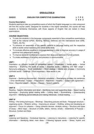 238
OPEN ELCTIVE III
OHS351 ENGLISH FOR COMPETITIVE EXAMINATIONS L T P C
3 0 0 3
Course Description:
Students aspiring to take up competitive exams of which the English language is a vital component
will find this course useful. Designed for students in the higher semesters, the course will help
students to familiarise themselves with those aspects of English that are tested in these
examinations.
COURSE OBJECTIVES:
 To train the students in the language components essential to face competitive examinations
both at the national (UPSC, Banking, Railway, Defence) and the international level (GRE,
TOEFL, IELTS).
 To enhance an awareness of the specific patterns in language testing and the respective
skills to tackle verbal reasoning and verbal ability tests.
 To inculcate effective practices in language-learning in order to improve accuracy in usage of
grammar and coherence in writing.
 To improve students’ confidence to express their ideas and opinions in formal contexts
 To create awareness of accuracy and precision in communication
UNIT I 9
Orientation on different formats of competitive exams - Vocabulary – Verbal ability – Verbal
reasoning - Exploring the world of words – Essential words – Meaning and their usage –
Synonyms-antonyms – Word substitution – Word analogy – Idioms and phrases – Commonly
confused words – Spellings – Word expansion – New words in use.
UNIT II 9
Grammar – Sentence improvement –Sentence completion – Rearranging phrases into sentences
– Error identification –Tenses – Prepositions – Adjectives – Adverbs – Subject-verb agreement –
Voice – Reported speech – Articles – Clauses – Speech patterns.
UNIT III 9
Reading - Specific information and detail – Identifying main and supporting ideas – Speed reading
techniques – Improving global reading skills – Linking ideas – Summarising – Understanding
argument – Identifying opinion/attitude and making inferences - Critical reading.
UNIT IV 9
Writing – Pre-writing techniques – Mindmap - Describing pictures and facts - Paragraph structure –
organising points – Rhetoric writing – Improving an answer – Drafting, writing and developing an
argument – Focus on cohesion – Using cohesive devices –Analytic writing – Structure and types
of essay – Mind maps – Structure of drafts, letters, memos, emails – Statements of Purpose –
Structure, Content and Style.
UNIT V 9
Listening and Speaking – Contextual listening – Listening to instructions – Listening for specific
information – Identifying detail, main ideas – Following signpost words – Stress, rhythm and
 