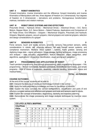 259
UNIT II ROBOT KINEMATICS 9
Forward kinematics, inverse kinematics and the difference: forward kinematics and inverse
Kinematics of Manipulators with two, three degrees of freedom (in 2 dimensional), four degrees
of freedom (in 3 dimensional) – derivations and problems. Homogeneous transformation
matrices, translation and rotation matrices.
UNIT III ROBOT DRIVE SYSTEMS AND END EFFECTORS 9
Pneumatic Drives – Hydraulic Drives – Mechanical Drives – Electrical Drives – D.C. Servo
Motors, Stepper Motor, A.C. Servo Motors – Salient Features, Applications and Comparison of
All These Drives. End Effectors – Grippers – Mechanical Grippers, Pneumatic and Hydraulic
Grippers, Magnetic grippers, vacuum grippers, internal grippers and external grippers, selection
and design considerations of a gripper
UNIT IV SENSORS IN ROBOTICS 9
Force sensors, touch and tactile sensors, proximity sensors, non-contact sensors, safety
considerations in robotic cell, proximity sensors, fail safe hazard sensor systems, and
compliance mechanism. Machine vision system - camera, frame grabber, sensing and
digitizing image data – signal conversion, image storage, lighting techniques, image processing
and analysis – data reduction, segmentation, feature extraction, object recognition, other
algorithms, applications – Inspection, identification, visual serving and navigation.
UNIT V PROGRAMMING AND APPLICATIONS OF ROBOT 9
Teach pendant programming, lead through programming, robot programming languages – VAL
programming – Motion Commands, Sensors commands, End-Effector Commands, and simple
programs - Role of robots in inspection, assembly, material handling, underwater, space and
medical fields.
TOTAL : 45 PERIODS
COURSE OUTCOMES
At the end of the course, students will be able to:
CO1: Interpret the features of robots and technology involved in the control.
CO2: Apply the basic engineering knowledge and laws for the design of robotics.
CO3: Explain the basic concepts like various configurations, classification and parts of end
effectors compare various end effectors and grippers and tools and sensors used in robots.
CO4: Explain the concept of kinematics, degeneracy, dexterity and trajectory planning.
CO5: Demonstrate the image processing and image analysis techniques by machine vision
system.
CO’s-PO’s & PSO’s MAPPING
COs/POs&
PSOs
POs PSOs
1 2 3 4 5 6 7 8 9 10 11 12 1 2 3
CO1 3 2 1 1 1 3
CO2 3 2 1 1 1 3
CO3 3 2 1 1 1 3
CO4 3 2 1 1 1 3
CO5 3 2 1 1 1 3
CO/PO &
 