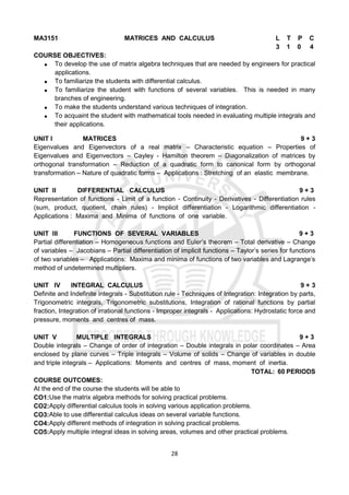 28
MA3151 MATRICES AND CALCULUS L T P C
3 1 0 4
COURSE OBJECTIVES:
 To develop the use of matrix algebra techniques that are needed by engineers for practical
applications.
 To familiarize the students with differential calculus.
 To familiarize the student with functions of several variables. This is needed in many
branches of engineering.
 To make the students understand various techniques of integration.
 To acquaint the student with mathematical tools needed in evaluating multiple integrals and
their applications.
UNIT I MATRICES 9 + 3
Eigenvalues and Eigenvectors of a real matrix – Characteristic equation – Properties of
Eigenvalues and Eigenvectors – Cayley - Hamilton theorem – Diagonalization of matrices by
orthogonal transformation – Reduction of a quadratic form to canonical form by orthogonal
transformation – Nature of quadratic forms – Applications : Stretching of an elastic membrane.
UNIT II DIFFERENTIAL CALCULUS 9 + 3
Representation of functions - Limit of a function - Continuity - Derivatives - Differentiation rules
(sum, product, quotient, chain rules) - Implicit differentiation - Logarithmic differentiation -
Applications : Maxima and Minima of functions of one variable.
UNIT III FUNCTIONS OF SEVERAL VARIABLES 9 + 3
Partial differentiation – Homogeneous functions and Euler’s theorem – Total derivative – Change
of variables – Jacobians – Partial differentiation of implicit functions – Taylor’s series for functions
of two variables – Applications: Maxima and minima of functions of two variables and Lagrange’s
method of undetermined multipliers.
UNIT IV INTEGRAL CALCULUS 9 + 3
Definite and Indefinite integrals - Substitution rule - Techniques of Integration: Integration by parts,
Trigonometric integrals, Trigonometric substitutions, Integration of rational functions by partial
fraction, Integration of irrational functions - Improper integrals - Applications: Hydrostatic force and
pressure, moments and centres of mass.
UNIT V MULTIPLE INTEGRALS 9 + 3
Double integrals – Change of order of integration – Double integrals in polar coordinates – Area
enclosed by plane curves – Triple integrals – Volume of solids – Change of variables in double
and triple integrals – Applications: Moments and centres of mass, moment of inertia.
TOTAL: 60 PERIODS
COURSE OUTCOMES:
At the end of the course the students will be able to
CO1:Use the matrix algebra methods for solving practical problems.
CO2:Apply differential calculus tools in solving various application problems.
CO3:Able to use differential calculus ideas on several variable functions.
CO4:Apply different methods of integration in solving practical problems.
CO5:Apply multiple integral ideas in solving areas, volumes and other practical problems.
 