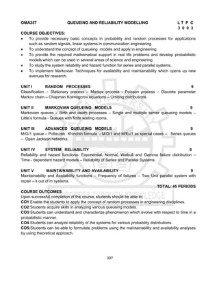 307
OMA357 QUEUEING AND RELIABILITY MODELLING L T P C
3 0 0 3
COURSE OBJECTIVES:
 To provide necessary basic concepts in probability and random processes for applications
such as random signals, linear systems in communication engineering.
 To understand the concept of queueing models and apply in engineering.
 To provide the required mathematical support in real life problems and develop probabilistic
models which can be used in several areas of science and engineering.
 To study the system reliability and hazard function for series and parallel systems.
 To implement Markovian Techniques for availability and maintainability which opens up new
avenues for research.
UNIT I RANDOM PROCESSES 9
Classification – Stationary process – Markov process - Poisson process – Discrete parameter
Markov chain – Chapman Kolmogorov equations – Limiting distributions.
UNIT II MARKOVIAN QUEUEING MODELS 9
Markovian queues – Birth and death processes – Single and multiple server queueing models –
Little’s formula - Queues with finite waiting rooms.
UNIT III ADVANCED QUEUEING MODELS 9
M/G/1 queue – Pollaczek Khinchin formula - M/D/1 and M/EK/1 as special cases – Series queues
– Open Jackson networks.
UNIT IV SYSTEM RELIABILITY 9
Reliability and hazard functions- Exponential, Normal, Weibull and Gamma failure distribution –
Time - dependent hazard models – Reliability of Series and Parallel Systems.
UNIT V MAINTAINABILITY AND AVAILABILITY 9
Maintainability and Availability functions – Frequency of failures – Two Unit parallel system with
repair – k out of m systems.
TOTAL: 45 PERIODS
COURSE OUTCOMES
Upon successful completion of the course, students should be able to:
CO1:Enable the students to apply the concept of random processes in engineering disciplines.
CO2:Students acquire skills in analyzing various queueing models.
CO3:Students can understand and characterize phenomenon which evolve with respect to time in a
probabilistic manner.
CO4:Students can analyze reliability of the systems for various probability distributions.
CO5:Students can be able to formulate problems using the maintainability and availability analyses
by using theoretical approach.
 