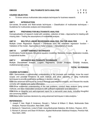 310
OMG355 MULTIVARIATE DATA ANALYSIS L T P C
3 0 0 3
COURSE OBJECTIVE:
 To know various multivariate data analysis techniques for business research.
UNIT I INTRODUCTION 9
Uni-variate, Bi-variate and Multi-variate techniques – Classification of multivariate techniques –
Guidelines for multivariate analysis and interpretation.
UNIT II PREPARING FOR MULTIVARIATE ANALYSIS 9
Conceptualization of research model with variables, collection of data –-Approaches for dealing with
missing data – Testing the assumptions of multivariate analysis.
UNIT III MULTIPLE LINEAR REGRESSION ANALYSIS, FACTOR ANALYSIS 9
Multiple Linear Regression Analysis – Inferences from the estimated regression function –
Validation of the model. -Approaches to factor analysis – interpretation of results.
UNIT IV LATENT VARIABLE TECHNIQUES 9
Confirmatory Factor Analysis, Structural equation modelling, Mediation models, Moderation models,
Longitudinal studies.
UNIT V ADVANCED MULTIVARIATE TECHNIQUES 9
Multiple Discriminant Analysis, Logistic Regression, Cluster Analysis, Conjoint Analysis,
multidimensional scaling.
TOTAL: 45 PERIODS
COURSE OUTCOMES :
CO1: Demonstrate a sophisticated understanding of the concepts and methods; know the exact
scopes and possible limitations of each method; and show capability of using multivariate
techniques to provide constructive guidance in decision making.
CO2:Use advanced techniques to conduct thorough and insightful analysis, and interpret the results
correctly with detailed and useful information.
CO3:Show substantial understanding of the real problems; conduct deep analysis using correct
methods; and draw reasonable conclusions with sufficient explanation and elaboration.
CO4:Write an insightful and well-organized report for a real-world case study, including thoughtful
and convincing details.
CO5:Make better business decisions by using advanced techniques in data analytics. ‘
REFERENCES :
1. Joseph F Hair, Rolph E Anderson, Ronald L. Tatham & William C. Black, Multivariate Data
Analysis, Pearson Education, New Delhi, 2005.
2. Barbara G. Tabachnick, Linda S.Fidell, Using Multivariate Statistics, 6th Edition, Pearson, 2012.
3. Richard A Johnson and Dean W.Wichern, Applied Multivariate Statistical Analysis, Prentice Hall,
New Delhi, 2005.
 