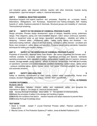330
and industrial gases, safe disposal methods, reaction with other chemicals, hazards during
transportation - pipe line transport - safety in chemical laboratories.
UNIT II CHEMICAL REACTION HAZARDS 9
Hazardous inorganic and organic reactions and processes, Reactivity as a process hazard,
Detonations, Deflagrations, and Runaways, Assessment and Testing strategies, Self - heating
hazards of solids, Explosive potential of chemicals, Structural groups and instability of chemicals,
Thermochemical screening,
UNIT III SAFETY IN THE DESIGN OF CHEMICAL PROCESS PLANTS 9
Design principles -Process design development -types of designs, feasibility survey, preliminary
design, Flow diagrams, piping and instrumentation diagram, batch versus continuous operation,
factors in equipment scale up and design, equipment specifications - reliability and safety in
designing - inherent safety - engineered safety - safety during startup and shutdown - non
destructive testing methods - pressure and leak testing - emergency safety devices - scrubbers and
flares- new concepts in safety design and operation- Pressure vessel testing standards- Inspection
techniques for boilers and reaction vessels.
UNIT IV SAFETY IN THE OPERATION OF CHEMICAL PROCESS PLANTS 9
Properties of chemicals - Material Safety Data Sheets - the various properties and formats used -
methods available for property determination. Operational activities and hazards -standards
operating procedures - safe operation of pumps, compressors, heaters, column, reactors, pressure
vessels, storage vessels, piping systems - effects of pressure, temperature, Flow rate and humidity
on operations - corrosion and control measures- condition monitoring - control valves - safety valves
- pressure reducing valves, drains, bypass valves, inert gases. Chemical splashes, eye irrigation
and automatic showers.
UNIT V SAFETY AND ANALYSIS 9
Safety vs reliability- quantification of basic events, system safety quantification, Human error
analysis, Accident investigation and analysis, OSHAS 18001 and OSHMS.
TOTAL: 45 PERIODS
COURSE OUTCOMES:
Students able to
CO1 Differentiate between inherent safety and engineered safety and recognize the
importance of safety in the design of chemical process plants.
CO2 Develop thorough knowledge about safety in the operation of chemical plants.
CO3Apply the principles of safety in the storage and handling of gases.
CO4Identify the conditions that lead to reaction hazards and adopt measures to prevent them.
CO5Develop thorough knowledge about
TEXT BOOK
1 David A Crowl& Joseph F Louvar,”Chemical Process safety”, Pearson publication, 3rd
Edition,2014
2 Maurice Jones .A,”Fire Protection Systems,2nd
edition, Jones & Bartlett Publishers,2015
 