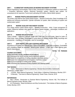 343
UNIT I ELEMENTARY KNOWLEDGE ON MARINE MACHINERY SYSTEMS 9
Marine Engineering Terminologies, Parts of Ship, Introduction to Machinery systems on board ships
– Propulsion Machinery system, Electricity Generator system, Steering gear system, Air
compressors & Air reservoirs, Fuel oil and Lubricating Oil Purifiers, Marine Boiler systems
UNIT II MARINE PROPULSION MACHINERY SYSTEM 9
Two stroke Large Marine slow speed Diesel Engine – General Construction, Basic knowledge of Air
starting and reversing mechanism, Cylinder lubrication oil system, Main lubricating oil system and
cooling water system
UNIT III MARINE AUXILIARY MACHINERY SYSTEM 9
Four stroke medium speed Diesel engine – General Construction, Inline, V-type arrangement of
engine, Difference between slow speed and medium speed engines – advantages, limitations and
applications
UNIT IV MARINE BOILER SYSTEM 9
Types of Boiler – Difference between Water tube boiler and Fire tube boiler, Need for boiler on
board ships, Uses of steam, Advantages of using steam as working medium, Boiler mountings and
accessories – importance of mountings, need for accessories
UNIT V SHIP PROPELLERS AND STEERING MECHANISM 9
Importance of Propellor and Steering gear, Types of propellers - Fixed pitch propellers, Controllable
pitch propellers, Water jet propellers, Steering gear systems - 2-Ram and 4 Ram steering gear,
Electric steering gear
TOTAL: 45 PERIODS
COURSE OUTCOMES:
At the end of the course, students should able to,
CO1:Distinguish the role of various marine machinery systems
CO2:Relate the components of marine propulsion machinery system
CO3:Explain the importance of marine auxiliary machinery system
CO4:Acquire knowledge of marine boiler system
CO5:Understand the importance of ship propellors and steering system
TEXT BOOKS:
1. Taylor, “Introduction to Marine engineering”, Revised Second Edition, Butterworth
Heinemann, London, 2011
2. J.K.Dhar, “Basic Marine Engineering”, Tenth Edition, G-Maritime Publications, Mumbai, 2011
3. K.Ramaraj, “ Text book on Marine Engineering”, Eswar Press, Chennai, 2018
REFERENCES:
1. Alan L.Rowen, “Introduction to Practical Marine Engineering, Volume 1&2, The Institute of
Marine Engineers (India), Mumbai, 2006
2. A.S.Tambwekar, “Naval Architecture and Ship Construction”, The Institute of Marine Engineers
(India), Mumbai, 2015
 