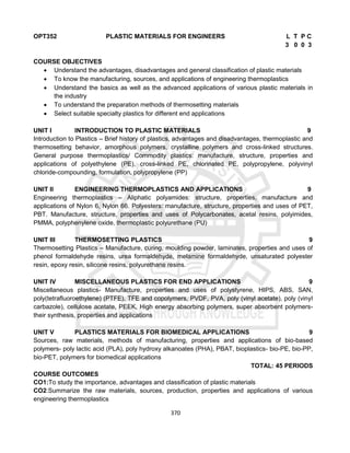 370
OPT352 PLASTIC MATERIALS FOR ENGINEERS L T P C
3 0 0 3
COURSE OBJECTIVES
 Understand the advantages, disadvantages and general classification of plastic materials
 To know the manufacturing, sources, and applications of engineering thermoplastics
 Understand the basics as well as the advanced applications of various plastic materials in
the industry
 To understand the preparation methods of thermosetting materials
 Select suitable specialty plastics for different end applications
UNIT I INTRODUCTION TO PLASTIC MATERIALS 9
Introduction to Plastics – Brief history of plastics, advantages and disadvantages, thermoplastic and
thermosetting behavior, amorphous polymers, crystalline polymers and cross-linked structures.
General purpose thermoplastics/ Commodity plastics: manufacture, structure, properties and
applications of polyethylene (PE), cross-linked PE, chlorinated PE, polypropylene, polyvinyl
chloride-compounding, formulation, polypropylene (PP)
UNIT II ENGINEERING THERMOPLASTICS AND APPLICATIONS 9
Engineering thermoplastics – Aliphatic polyamides: structure, properties, manufacture and
applications of Nylon 6, Nylon 66. Polyesters: manufacture, structure, properties and uses of PET,
PBT. Manufacture, structure, properties and uses of Polycarbonates, acetal resins, polyimides,
PMMA, polyphenylene oxide, thermoplastic polyurethane (PU)
UNIT III THERMOSETTING PLASTICS 9
Thermosetting Plastics – Manufacture, curing, moulding powder, laminates, properties and uses of
phenol formaldehyde resins, urea formaldehyde, melamine formaldehyde, unsaturated polyester
resin, epoxy resin, silicone resins, polyurethane resins.
UNIT IV MISCELLANEOUS PLASTICS FOR END APPLICATIONS 9
Miscellaneous plastics- Manufacture, properties and uses of polystyrene, HIPS, ABS, SAN,
poly(tetrafluoroethylene) (PTFE), TFE and copolymers, PVDF, PVA, poly (vinyl acetate), poly (vinyl
carbazole), cellulose acetate, PEEK, High energy absorbing polymers, super absorbent polymers-
their synthesis, properties and applications
UNIT V PLASTICS MATERIALS FOR BIOMEDICAL APPLICATIONS 9
Sources, raw materials, methods of manufacturing, properties and applications of bio-based
polymers- poly lactic acid (PLA), poly hydroxy alkanoates (PHA), PBAT, bioplastics- bio-PE, bio-PP,
bio-PET, polymers for biomedical applications
TOTAL: 45 PERIODS
COURSE OUTCOMES
CO1:To study the importance, advantages and classification of plastic materials
CO2:Summarize the raw materials, sources, production, properties and applications of various
engineering thermoplastics
 
