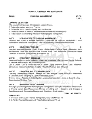 382
VERTICAL 1: FINTECH AND BLOCK CHAIN
CMG331 FINANCIAL MANAGEMENT LT P C
3 0 0 3
LEARNING OBJECTIVES
1.To acquire the knowledge of the decision areas in finance.
2. To learn the various sources of Finance
3. To describe about capital budgeting and cost of capital.
4. To discuss on how to construct a robust capital structure and dividend policy
5. To develop an understanding of tools on Working Capital Management.
UNIT I INTRODUCTION TO FINANCIAL MANGEMENT 9
Definition and Scope of Finance Functions - Objectives of Financial Management - Profit
Maximization and Wealth Maximization- Time Value of money- Risk and return concepts.
UNIT II SOURCES OF FINANCE 9
Long term sources of Finance -Equity Shares – Debentures - Preferred Stock – Features – Merits
and Demerits. Short term sources - Bank Sources, Trade Credit, Overdrafts, Commercial Papers,
Certificate of Deposits, Money market mutual funds etc
UNIT III INVESTMENT DECISIONS: 9
Investment Decisions: capital budgeting – Need and Importance – Techniques of Capital Budgeting
-– Payback -ARR – NPV – IRR –Profitability Index.
Cost of Capital - Cost of Specific Sources of Capital - Equity -Preferred Stock- Debt - Reserves -
Concept and measurement of cost of capital - Weighted Average Cost of Capital.
UNIT IV FINANCING AND DIVIDEND DECISION 9
Operating Leverage and Financial Leverage- EBIT-EPS analysis. Capital Structure – determinants
of Capital structure- Designing an Optimum capital structure .
Dividend policy - Aspects of dividend policy - practical consideration - forms of dividend policy - -
Determinants of Dividend Policy
UNIT V WORKING CAPITAL DECISION 9
Working Capital Management: Working Capital Management - concepts - importance -Determinants
of Working capital. Cash Management: Motives for holding cash – Objectives and Strategies of
Cash Management. Receivables Management: Objectives - Credit policies.
TOTAL : 45 PERIODS
TEXT BOOKS
1. M.Y. Khan and P.K.Jain Financial management, Text, Tata McGraw Hill
2. M. Pandey Financial Management, Vikas Publishing House Pvt. Ltd
 