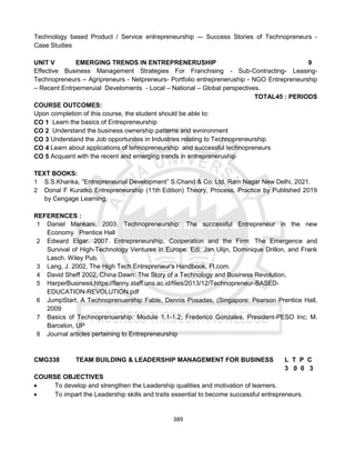 389
Technology based Product / Service entrepreneurship -– Success Stories of Technopreneurs -
Case Studies
UNIT V EMERGING TRENDS IN ENTREPRENERUSHIP 9
Effective Business Management Strategies For Franchising - Sub-Contracting- Leasing-
Technopreneurs – Agripreneurs - Netpreneurs- Portfolio entrepreneruship - NGO Entrepreneurship
– Recent Entrperneruial Develoments - Local – National – Global perspectives.
TOTAL45 : PERIODS
COURSE OUTCOMES:
Upon completion of this course, the student should be able to:
CO 1 Learn the basics of Entrepreneurship
CO 2 Understand the business ownership patterns and evnironment
CO 3 Understand the Job opportunites in Industries relating to Technopreneurship
CO 4 Learn about applications of tehnopreneurship and successful technopreneurs
CO 5 Acquaint with the recent and emerging trends in entrepreneruship
TEXT BOOKS:
1 S.S.Khanka, “Entrepreneurial Development” S.Chand & Co. Ltd. Ram Nagar New Delhi, 2021.
2 Donal F Kuratko Entrepreneurship (11th Edition) Theory, Process, Practice by Published 2019
by Cengage Learning,
REFERENCES :
1 Daniel Mankani. 2003. Technopreneurship: The successful Entrepreneur in the new
Economy. Prentice Hall
2 Edward Elgar. 2007. Entrepreneurship, Cooperation and the Firm: The Emergence and
Survival of High-Technology Ventures in Europe. Edi: Jan Ulijn, Dominique Drillon, and Frank
Lasch. Wiley Pub.
3 Lang, J. 2002, The High Tech Entrepreneur's Handbook, Ft.com.
4 David Sheff 2002, China Dawn: The Story of a Technology and Business Revolution,
5 HarperBusiness,https://fanny.staff.uns.ac.id/files/2013/12/Technopreneur-BASED-
EDUCATION-REVOLUTION.pdf
6 JumpStart: A Technoprenuership Fable, Dennis Posadas, (Singapore: Pearson Prentice Hall,
2009
7 Basics of Technoprenuership: Module 1.1-1.2, Frederico Gonzales, President-PESO Inc; M.
Barcelon, UP
8 Journal articles pertaining to Entrepreneurship
CMG338 TEAM BUILDING & LEADERSHIP MANAGEMENT FOR BUSINESS L T P C
3 0 0 3
COURSE OBJECTIVES
 To develop and strengthen the Leadership qualities and motivation of learners.
 To impart the Leadership skills and traits essential to become successful entrepreneurs.
 
