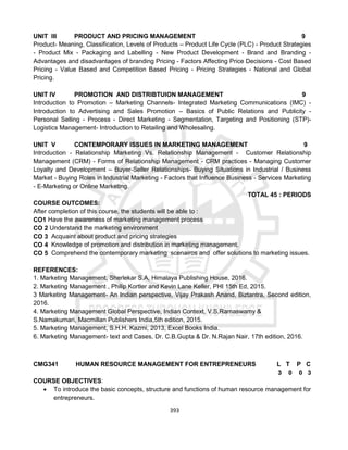 393
UNIT III PRODUCT AND PRICING MANAGEMENT 9
Product- Meaning, Classification, Levels of Products – Product Life Cycle (PLC) - Product Strategies
- Product Mix - Packaging and Labelling - New Product Development - Brand and Branding -
Advantages and disadvantages of branding Pricing - Factors Affecting Price Decisions - Cost Based
Pricing - Value Based and Competition Based Pricing - Pricing Strategies - National and Global
Pricing.
UNIT IV PROMOTION AND DISTRIBTUION MANAGEMENT 9
Introduction to Promotion – Marketing Channels- Integrated Marketing Communications (IMC) -
Introduction to Advertising and Sales Promotion – Basics of Public Relations and Publicity -
Personal Selling - Process - Direct Marketing - Segmentation, Targeting and Positioning (STP)-
Logistics Management- Introduction to Retailing and Wholesaling.
UNIT V CONTEMPORARY ISSUES IN MARKETING MANAGEMENT 9
Introduction - Relationship Marketing Vs. Relationship Management - Customer Relationship
Management (CRM) - Forms of Relationship Management - CRM practices - Managing Customer
Loyalty and Development – Buyer-Seller Relationships- Buying Situations in Industrial / Business
Market - Buying Roles in Industrial Marketing - Factors that Influence Business - Services Marketing
- E-Marketing or Online Marketing.
TOTAL 45 : PERIODS
COURSE OUTCOMES:
After completion of this course, the students will be able to :
CO1 Have the awareness of marketing management process
CO 2 Understand the marketing environment
CO 3 Acquaint about product and pricing strategies
CO 4 Knowledge of promotion and distribution in marketing management.
CO 5 Comprehend the contemporary marketing scenairos and offer solutions to marketing issues.
REFERENCES:
1. Marketing Management, Sherlekar S.A, Himalaya Publishing House, 2016.
2. Marketing Management , Philip Kortler and Kevin Lane Keller, PHI 15th Ed, 2015.
3 Marketing Management- An Indian perspective, Vijay Prakash Anand, Biztantra, Second edition,
2016.
4. Marketing Management Global Perspective, Indian Context, V.S.Ramaswamy &
S.Namakumari, Macmillan Publishers India,5th edition, 2015.
5. Marketing Management, S.H.H. Kazmi, 2013, Excel Books India.
6. Marketing Management- text and Cases, Dr. C.B.Gupta & Dr. N.Rajan Nair, 17th edition, 2016.
CMG341 HUMAN RESOURCE MANAGEMENT FOR ENTREPRENEURS L T P C
3 0 0 3
COURSE OBJECTIVES:
 To introduce the basic concepts, structure and functions of human resource management for
entrepreneurs.
 