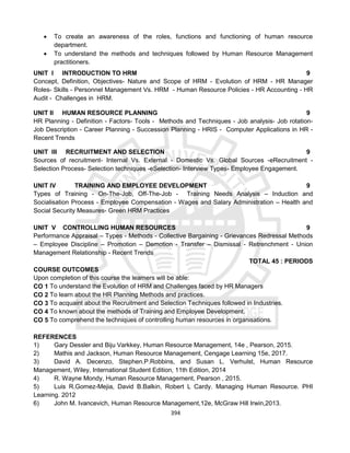 394
 To create an awareness of the roles, functions and functioning of human resource
department.
 To understand the methods and techniques followed by Human Resource Management
practitioners.
UNIT I INTRODUCTION TO HRM 9
Concept, Definition, Objectives- Nature and Scope of HRM - Evolution of HRM - HR Manager
Roles- Skills - Personnel Management Vs. HRM - Human Resource Policies - HR Accounting - HR
Audit - Challenges in HRM.
UNIT II HUMAN RESOURCE PLANNING 9
HR Planning - Definition - Factors- Tools - Methods and Techniques - Job analysis- Job rotation-
Job Description - Career Planning - Succession Planning - HRIS - Computer Applications in HR -
Recent Trends
UNIT III RECRUITMENT AND SELECTION 9
Sources of recruitment- Internal Vs. External - Domestic Vs. Global Sources -eRecruitment -
Selection Process- Selection techniques -eSelection- Interview Types- Employee Engagement.
UNIT IV TRAINING AND EMPLOYEE DEVELOPMENT 9
Types of Training - On-The-Job, Off-The-Job - Training Needs Analysis – Induction and
Socialisation Process - Employee Compensation - Wages and Salary Administration – Health and
Social Security Measures- Green HRM Practices
UNIT V CONTROLLING HUMAN RESOURCES 9
Performance Appraisal – Types - Methods - Collective Bargaining - Grievances Redressal Methods
– Employee Discipline – Promotion – Demotion - Transfer – Dismissal - Retrenchment - Union
Management Relationship - Recent Trends
TOTAL 45 : PERIODS
COURSE OUTCOMES
Upon completion of this course the learners will be able:
CO 1 To understand the Evolution of HRM and Challenges faced by HR Managers
CO 2 To learn about the HR Planning Methods and practices.
CO 3 To acquaint about the Recruitment and Selection Techniques followed in Industries.
CO 4 To known about the methods of Training and Employee Development.
CO 5 To comprehend the techniques of controlling human resources in organisations.
REFERENCES
1) Gary Dessler and Biju Varkkey, Human Resource Management, 14e , Pearson, 2015.
2) Mathis and Jackson, Human Resource Management, Cengage Learning 15e, 2017.
3) David A. Decenzo, Stephen.P.Robbins, and Susan L. Verhulst, Human Resource
Management, Wiley, International Student Edition, 11th Edition, 2014
4) R. Wayne Mondy, Human Resource Management, Pearson , 2015.
5) Luis R.Gomez-Mejia, David B.Balkin, Robert L Cardy. Managing Human Resource. PHI
Learning. 2012
6) John M. Ivancevich, Human Resource Management,12e, McGraw Hill Irwin,2013.
 