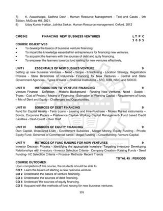 395
7) K. Aswathappa, Sadhna Dash , Human Resource Management - Text and Cases , 9th
Edition, McGraw Hill, 2021.
8) Uday Kumar Haldar, Juthika Sarkar. Human Resource management. Oxford. 2012
CMG342 FINANCING NEW BUSINESS VENTURES L T P C
3 0 0 3
COURSE OBJECTIVES
 To develop the basics of business venture financing.
 To impart the knowledge essential for entrepreneurs for financing new ventures.
 To acquaint the learners with the sources of debt and quity financing.
 To empower the learners towards fund rasiing for new ventures effectively.
UNIT I ESSENTIALS OF NEW BUSINES VENTURE 9
Setting up new Business Ventures – Need - Scope - Franchising - Location Strategy, Registration
Process - State Directorate of Industries- Financing for New Ventures - Central and State
Government Agencies - Types of loans – Financial Institutions - SFC, IDBI, NSIC and SIDCO.
UNIT II INTRODUCTION TO VENTURE FINANCING 9
Venture Finance – Definition – Historic Background - Funding New Ventures- Need – Scope –
Types - Cost of Project - Means of Financing - Estimation of Working Capital - Requirement of funds
– Mix of Dent and Equity - Challenges and Opportunities.
UNIT III SOURCES OF DEBT FINANCING 9
Fund for Capital Assets - Term Loans - Leasing and Hire-Purchase - Money Market instruments –
Bonds, Corporate Papers – Preference Capital- Working Capital Management- Fund based Credit
Facilities - Cash Credit - Over Draft.
UNIT IV SOURCES OF EQUITY FINANCING 9
Own Capital, Unsecured Loan - Government Subsidies , Margin Money- Equity Funding - Private
Equity Fund- Schemes of Commercial banks - Angel Funding – Crowdfunding- Venture Capital.
UNIT V METHODS OF FUND RAISING FOR NEW VENTURES 9
Investor Decision Process - Identifying the appropriate investors- Targeting investors- Developing
Relationships with investors - Investor Selection Criteria- Company Creation- Raising Funds - Seed
Funding- VC Selection Criteria – Process- Methods- Recent Trends
TOTAL 45 : PERIODS
COURSE OUTCOMES:
Upon completion of this course, the students should be able to:
CO 1 Learn the basics of starting a new business venture.
CO 2 Understand the basics of venture financing.
CO 3 Understand the sources of debt financing.
CO 4 Understanf the sources of equity financing.
CO 5 Acquaint with the methods of fund raising for new business ventures.
 