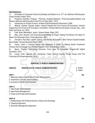 396
REFERENCES :
1) Principles of Corporate Finance by Brealey and Myers et al.,12TH
ed, McGraw Hill Education
(India) Private Limited, 2018
2) Prasanna Chandra, Projects : Planning ,Analysis,Selection ,Financing,Implementation and
Review, McGraw Hilld Education India Pvt Ltd ,New Delhi , 2019.
3) Introduction to Project Finance. Andrew Fight,Butterworth-Heinemann, 2006.
4) Metrick, Andrew; Yasuda, Ayako. Venture Capital And The Finance Of Innovation. Venture
Capital And The Finance Of Innovation, 2nd Edition, Andrew Metrick And Ayako Yasuda, Eds., John
Wiley And Sons, Inc, 2010.
5) Feld, Brad; Mendelson, Jason. Venture Deals. Wiley, 2011.
6) May, John; Simons, Cal. Every Business Needs An Angel: Getting The Money You Need To
Make Your Business Grow. Crown Business, 2001.
7) Gompers, Paul Alan; Lerner, Joshua. The Money Of Invention: How Venture Capital Creates
New Wealth. Harvard Business Press, 2001.
8) Camp, Justin J. Venture Capital Due Diligence: A Guide To Making Smart Investment
Choices And Increasing Your Portfolio Returns. John Wiley & Sons, 2002.
9) Byers, Thomas. Technology Ventures: From Idea To Enterprise. Mcgraw-Hill Higher
Education, 2014.
10) Lerner, Josh; Leamon, Ann; Hardymon, Felda. Venture Capital, Private Equity, And The
Financing Of Entrepreneurship. 2012.
VERTICAL 3: PUBLIC ADMINISTRATION
CMG343 PRINCIPLES OF PUBLIC ADMINISTRATION L T P C
3 0 0 3
UNIT I (9)
1. Meaning, Nature and Scope of Public Administration
2. Importance of Public Administration
3. Evolution of Public Administration
UNIT II (9)
1. New Public Administration
2. New Public Management
3. Public and Private Administration
UNIT III (9)
1. Relationships with Political Science, History and Sociology
2. Classical Approach
3. Scientific Management Approach
 