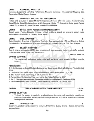 405
UNIT I MARKETING ANALYTICS 9
Marketing Budget and Marketing Performance Measure, Marketing - Geographical Mapping, Data
Exploration, Market Basket Analysis
UNIT II COMMUNITY BUILDING AND MANAGEMENT 9
History and Evolution of Social Media-Understanding Science of Social Media –Goals for using
Social Media- Social Media Audience and Influencers - Digital PR- Promoting Social Media Pages-
Linking Social Media Accounts-The Viral Impact of Social Media.
UNIT III SOCIAL MEDIA POLICIES AND MEASUREMENTS 9
Social Media Policies-Etiquette, Privacy- ethical problems posed by emerging social media
technologies - The Basics of Tracking Social Media.
UNIT IV WEB ANALYTICS 9
Data Collection, Overview of Qualitative Analysis, Business Analysis, KPI and Planning, Critical
Components of a Successful Web Analytics Strategy, Proposals & Reports, Web Data Analysis.
UNIT V SEARCH ANALYTICS 9
Search engine optimization (SEO), user engagement, user-generated content, web traffic analysis,
online security, online ethics, data visualization.
TOTAL: 45 PERIODS
COURSE OUTCOME:
 The Learners will understand social media, web and social media analytics and their potential
impact.
REFERENCES:
1. K. M. Shrivastava, Social Media in Business and Governance, Sterling Publishers Private Limited,
2013
2. Christian Fuchs, Social Media a critical introduction, SAGE Publications Ltd, 2014
3. Bittu Kumar, Social Networking, V & S Publishers, 2013
4. Avinash Kaushik, Web Analytics - An Hour a Day, Wiley Publishing, 2007
5. Ric T. Peterson, Web Analytics Demystified, Celilo Group Media and CafePress 2004
6. Takeshi Moriguchi, Web Analytics Consultant Official Textbook, 7th Edition, 2016
CMG353 OPERATION AND SUPPLY CHAIN ANALYTICS L T P C
3 0 0 3
COURSE OBJECTIVE:
 To treat the subject in depth by emphasizing on the advanced quantitative models and
methods in operations and supply chain management and its practical aspects and the latest
developments in the field.
UNIT I INTRODUCTION 9
Descriptive, predictive and prescriptive analytics, Data Driven Supply Chains – Basics, transforming
supply chains.
 