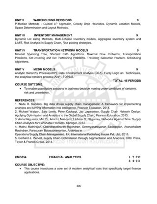 406
UNIT II WAREHOUSING DECISIONS 9
P-Median Methods - Guided LP Approach, Greedy Drop Heuristics, Dynamic Location Models,
Space Determination and Layout Methods.
UNIT III INVENTORY MANAGEMENT 9
Dynamic Lot sizing Methods, Multi-Echelon Inventory models, Aggregate Inventory system and
LIMIT, Risk Analysis in Supply Chain, Risk pooling strategies.
UNIT IV TRANSPORTATION NETWORK MODELS 9
Minimal Spanning Tree, Shortest Path Algorithms, Maximal Flow Problems, Transportation
Problems, Set covering and Set Partitioning Problems, Travelling Salesman Problem, Scheduling
Algorithms.
UNIT V MCDM MODELS 9
Analytic Hierarchy Process(AHP), Data Envelopment Analysis (DEA), Fuzzy Logic an Techniques,
the analytical network process (ANP), TOPSIS.
TOTAL: 45 PERIODS
COURSE OUTCOME:
 To enable quantitative solutions in business decision making under conditions of certainty,
risk and uncertainty.
REFERENCES:
1. Nada R. Sanders, Big data driven supply chain management: A framework for implementing
analytics and turning information into intelligence, Pearson Education, 2014.
2. Michael Watson, Sara Lewis, Peter Cacioppi, Jay Jayaraman, Supply Chain Network Design:
Applying Optimization and Analytics to the Global Supply Chain, Pearson Education, 2013.
3. Anna Nagurney, Min Yu, Amir H. Masoumi, Ladimer S. Nagurney, Networks Against Time: Supply
Chain Analytics for Perishable Products, Springer, 2013.
4. Muthu Mathirajan, Chandrasekharan Rajendran, Sowmyanarayanan Sadagopan, Arunachalam
Ravindran, Parasuram Balasubramanian, Analytics in
Operations/Supply Chain Management , I.K. International Publishing House Pvt. Ltd., 2016.
5. Gerhard J. Plenert, Supply Chain Optimization through Segmentation and Analytics, CRC Press,
Taylor & Francis Group, 2014.
CMG354 FINANCIAL ANALYTICS L T P C
3 0 0 3
COURSE OBJECTIVE:
 This course introduces a core set of modern analytical tools that specifically target finance
applications.
 