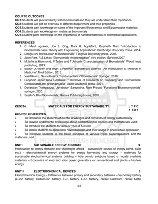 413
COURSE OUTCOMES
CO1:Students will gain familiarity with Biomaterials and they will understand their importance.
CO2:Students will get an overview of different biopolymers and their properties
CO3:Students gain knowledge on some of the important Bioceramics and Biocomposite materials
CO4:Students gain knowledge on metals as biomaterials
CO5:Student gains knowledge on the importance of nanobiomaterials in biomedical applications.
REFERENCES
1. C. Mauli Agrawal, Joo L. Ong, Mark R. Appleford, Gopinath Mani “Introduction to
Biomaterials Basic Theory with Engineering Applications” Cambridge University Press, 2014.
2. Donglu shi “Introduction to Biomaterials” Tsinghua University press, 2006.
3. Joon Park, R.S.Lakes “Biomaterials An Introduction” third edition, Springer 2007.
4. M.Jaffe,W.Hammond, P.Tolias and T.Arinzeh “Characterization of Biomaterials” Wood head
publishing, 2013.
5. Buddy D.Ratner and Allan S.Hoffman Biomaterials Science “An Introduction to Material in
Medicine” Third Edition, 2013.
6. VasifHasirci, NesrinHasirci “Fundamentals of Biomaterials” Springer, 2018
7. Leopoido Javier Rios Gonzalez. “Handbook of Research on Bioenergy and Biomaterials:
Consolidated and green process” Apple academic press, 2021.
8. Devarajan Thangadurai, Jeyabalan Sangeetha, Ram Prasad “Functional Bionanomaterials”
springer, 2020.
9. Sujata.V.Bhat Biomaterials; Narosa Publishing house, 2002.
CES334 MATERIALS FOR ENERGY SUSTAINABILITY L T P C
3 0 0 3
COURSE OBJECTIVES
 To familiarize the students about the challenges and demands of energy sustainability
 To provide fundamental knowledge about electrochemical devices and the materials used.
 To introduce the students to various types of fuel cell
 To enable students to appreciate novel materials and their usage in photovoltaic application
 To introduce students to the basic principles of various types Supercapacitors and the
materials used.
UNIT I SUSTAINABLE ENERGY SOURCES 9
Introduction to energy demand and challenges ahead – sustainable source of energy (wind, solar
etc.) – electrochemical energy systems for energy harvesting and storage – materials for
sustainable electrochemical systems building – India centric solutions based on locally available
materials – Economics of wind and solar power generators vs. conventional coal plants – Nuclear
energy
UNIT II ELECTROCHEMICAL DEVICES 9
Electrochemical Energy – Difference between primary and secondary batteries – Secondary battery
(Li-ion battery, Sodium-ion battery, Li-S battery, Li-O2 battery, Nickel Cadmium, Nickel Metal
 