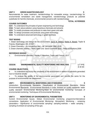 416
UNIT V GREEN NANOTECHNOLOGY 9
Nanomaterials for water treatment, nanotechnology for renewable energy, nanotechnology for
environmental remediation and waste management, nanotechnology products as potential
substitutes for harmful chemicals, environmental concerns with nanotechnology
TOTAL: 45 PERIODS
COURSE OUTCOMES
CO1: To understand the principles of green engineering and technology
CO2: To learn about pollution using hazardous chemicals and solvents
CO3: To modify processes and products to make them green and safe.
CO4: To design processes and products using green technology
CO5: To understand advanced technology in green synthesis
TEXT BOOKS
1. Green technology and design for the environment, Samir B. Billatos, Nadia A. Basaly, Taylor &
Francis, Washington, DC, ©1997
2. Green Chemistry – An introductory text - M. Lancaster, RSC,2016.
3. Green chemistry metrics - Alexi Lapkin and david Constable (Eds) , Wiley publications,2008
REFERENCE BOOKS
1. Environmental chemistry, Stanley E Manahan, Taylor and Francis, 2017
CES336 ENVIRONMENTAL QUALITY MONITORING AND ANALYSIS L T P C
3 0 0 3
COURSE OBJECTIVES:
 to understand and study the complexity of the environment in relation to pollutants generated
due to industrial activity.
 To analyze the quality of the environmental parameters and monitor the same for the
purpose of environmental risk assessment.
UNIT I ENVIRONMENTAL MONITORING AND STANDARDS 9
Introduction- Environmental Standards- Classification of Environmental Standards- Global
Environmental Standards- Environmental Standards in India- Ambient air quality standards- water
quality standard- Environmental Monitoring-Need for environmental monitoring- Concepts of
environmental monitoring- Techniques of Environmental Monitoring.
UNIT II MONITORING OF ENVIRONMENTAL PARAMETERS 9
Current Environmental Issues- Global Environmental monitoring programme-International
conventions- Application of Environmental Monitoring- Atmospheric Monitoring - screening
parameters – Significance of environmental sampling- sampling methods – water sampling -
sampling of ambient air-sampling of flue gas.
 