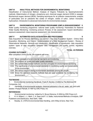 417
UNIT III ANALYTICAL METHODS FOR ENVIRONMENTAL MONITORING 9
Classification of Instrumental Method- Analysis of Organic Pollutants by Spectrophotometric
methods -Determination of nitrogen, phosphorus and, chemical oxygen demand (COD) in sewage;
Biochemical oxygen demand (BOD)- Sampling techniques for air pollution measurements; analysis
of particulates and air pollutants like oxides of nitrogen, oxides of sulfur, carbon monoxide,
hydrocarbon; Introduction to advanced instruments for environmental analysis
UNIT IV ENVIRONMENTAL MONITORING PROGRAMME (EMP) & RISKASSESSMENT 9
Water quality monitoring programme- national water quality monitoring- Parameters for National
Water Quality Monitoring- monitoring protocol; Process of risk assessment- hazard identification-
exposure assessment- dose-response assessment; risk characterization.
UNIT V AUTOMATED DATA ACQUISITION AND PROCESSING 9
Data Acquisition for Process Monitoring and Control - The Data Acquisition System - Online Data
Acquisition, Monitoring, and Control - Implementation of a Data Management System - Review of
Observational Networks -Sensors and transducers- classification of transducers- data acquisition
system- types of data acquisition systems- data management and quality control; regulatory
overview.
TOTAL: 45 PERIODS
COURSE OUTCOMES
After completion of this course, the students will know
CO1 Basic concepts of environmental standards and monitoring.
CO2 the ambient air quality and water quality standards;
CO3 the various instrumental methods and their principles for environmental monitoring
CO4 The significance of environmental standards in monitoring quality and sustainability
of the environment.
CO5 the various ways of raising environmental awareness among the people.
CO6 Know the standard research methods that are used worldwide for monitoring the
environment.
TEXTBOOKS
1. Environmental monitoring Handbook, Frank R. Burden, © 2002 by The McGraw-Hill
Companies, Inc.
2. Handbook of environmental analysis: chemical pollutants in the air, water, soil, and soild
wastes / Pradyot Patnaik, © 1997 by CRC Press, Inc
REFERENCES
1. Environmental monitoring / edited by G. Bruce Wiersma, © 2004 by CRC Press LLC.
2. H. H. Willard, L. L. Merit, J. A. Dean and F. A. Settle, Instrumental Methods of Analysis, CBP
Publishers and Distributors, New Delhi, 1988.
3. Heaslip, G. (1975) Environmental Data Handling. John Wiley & Sons. New York.
 