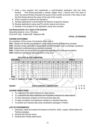 74
7. Write a java program that implements a multi-threaded application that has three
threads. First thread generates a random integer every 1 second and if the value is
even, the second thread computes the square of the number and prints. If the value is odd,
the third thread will print the value of the cube of the number.
8. Write a program to perform file operations.
9. Develop applications to demonstrate the features of generics classes.
10. Develop applications using JavaFX controls, layouts and menus.
11. Develop a mini project for any application using Java concepts.
Lab Requirements: for a batch of 30 students
Operating Systems: Linux / Windows
Front End Tools: Eclipse IDE / Netbeans IDE
TOTAL: 45 PERIODS
COURSE OUTCOMES:
On completion of this course, the students will be able to
CO1 : Design and develop java programs using object oriented programming concepts
CO2 : Develop simple applications using object oriented concepts such as package, exceptions
CO3: Implement multithreading, and generics concepts
CO4 : Create GUIs and event driven programming applications for real world problems
CO5: Implement and deploy web applications using Java
CO’s-PO’s & PSO’s MAPPING
CO’s PO’s PSO’s
1 2 3 4 5 6 7 8 9 10 11 12 1 2 3
1 2 1 2 1 - - - - 1 2 2 2 1 2 3
2 2 1 3 1 - - - - 2 3 3 2 1 3 1
3 2 2 1 2 1 - - - 1 2 1 3 2 3 2
4 2 2 1 3 - - - - 3 1 1 1 2 1 2
5 1 3 3 1 3 - - - 1 1 1 1 2 1 2
AVg. 2 2 2 2 2 - - - 2 2 2 2 2 2 2
1 - low, 2 - medium, 3 - high, ‘-“- no correlation
CS3361 DATA SCIENCE LABORATORY L T P C
0 0 4 2
COURSE OBJECTIVES:
 To understand the python libraries for data science
 To understand the basic Statistical and Probability measures for data science.
 To learn descriptive analytics on the benchmark data sets.
 To apply correlation and regression analytics on standard data sets.
 To present and interpret data using visualization packages in Python.
LIST OF EXPERIMENTS:
1. Download, install and explore the features of NumPy, SciPy, Jupyter, Statsmodels and
Pandas packages.
2. Working with Numpy arrays
3. Working with Pandas data frames
 