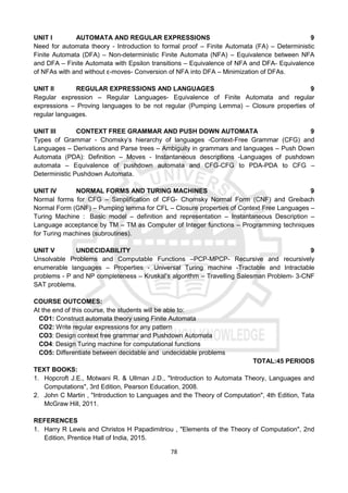 78
UNIT I AUTOMATA AND REGULAR EXPRESSIONS 9
Need for automata theory - Introduction to formal proof – Finite Automata (FA) – Deterministic
Finite Automata (DFA) – Non-deterministic Finite Automata (NFA) – Equivalence between NFA
and DFA – Finite Automata with Epsilon transitions – Equivalence of NFA and DFA- Equivalence
of NFAs with and without ε-moves- Conversion of NFA into DFA – Minimization of DFAs.
UNIT II REGULAR EXPRESSIONS AND LANGUAGES 9
Regular expression – Regular Languages- Equivalence of Finite Automata and regular
expressions – Proving languages to be not regular (Pumping Lemma) – Closure properties of
regular languages.
UNIT III CONTEXT FREE GRAMMAR AND PUSH DOWN AUTOMATA 9
Types of Grammar - Chomsky‘s hierarchy of languages -Context-Free Grammar (CFG) and
Languages – Derivations and Parse trees – Ambiguity in grammars and languages – Push Down
Automata (PDA): Definition – Moves - Instantaneous descriptions -Languages of pushdown
automata – Equivalence of pushdown automata and CFG-CFG to PDA-PDA to CFG –
Deterministic Pushdown Automata.
UNIT IV NORMAL FORMS AND TURING MACHINES 9
Normal forms for CFG – Simplification of CFG- Chomsky Normal Form (CNF) and Greibach
Normal Form (GNF) – Pumping lemma for CFL – Closure properties of Context Free Languages –
Turing Machine : Basic model – definition and representation – Instantaneous Description –
Language acceptance by TM – TM as Computer of Integer functions – Programming techniques
for Turing machines (subroutines).
UNIT V UNDECIDABILITY 9
Unsolvable Problems and Computable Functions –PCP-MPCP- Recursive and recursively
enumerable languages – Properties - Universal Turing machine -Tractable and Intractable
problems - P and NP completeness – Kruskal’s algorithm – Travelling Salesman Problem- 3-CNF
SAT problems.
COURSE OUTCOMES:
At the end of this course, the students will be able to:
CO1: Construct automata theory using Finite Automata
CO2: Write regular expressions for any pattern
CO3: Design context free grammar and Pushdown Automata
CO4: Design Turing machine for computational functions
CO5: Differentiate between decidable and undecidable problems
TOTAL:45 PERIODS
TEXT BOOKS:
1. Hopcroft J.E., Motwani R. & Ullman J.D., "Introduction to Automata Theory, Languages and
Computations", 3rd Edition, Pearson Education, 2008.
2. John C Martin , "Introduction to Languages and the Theory of Computation", 4th Edition, Tata
McGraw Hill, 2011.
REFERENCES
1. Harry R Lewis and Christos H Papadimitriou , "Elements of the Theory of Computation", 2nd
Edition, Prentice Hall of India, 2015.
 