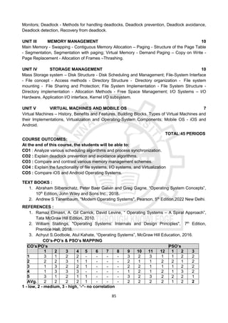 85
Monitors; Deadlock - Methods for handling deadlocks, Deadlock prevention, Deadlock avoidance,
Deadlock detection, Recovery from deadlock.
UNIT III MEMORY MANAGEMENT 10
Main Memory - Swapping - Contiguous Memory Allocation – Paging - Structure of the Page Table
- Segmentation, Segmentation with paging; Virtual Memory - Demand Paging – Copy on Write -
Page Replacement - Allocation of Frames –Thrashing.
UNIT IV STORAGE MANAGEMENT 10
Mass Storage system – Disk Structure - Disk Scheduling and Management; File-System Interface
- File concept - Access methods - Directory Structure - Directory organization - File system
mounting - File Sharing and Protection; File System Implementation - File System Structure -
Directory implementation - Allocation Methods - Free Space Management; I/O Systems – I/O
Hardware, Application I/O interface, Kernel I/O subsystem.
UNIT V VIRTUAL MACHINES AND MOBILE OS 7
Virtual Machines – History, Benefits and Features, Building Blocks, Types of Virtual Machines and
their Implementations, Virtualization and Operating-System Components; Mobile OS - iOS and
Android.
TOTAL:45 PERIODS
COURSE OUTCOMES:
At the end of this course, the students will be able to:
CO1 : Analyze various scheduling algorithms and process synchronization.
CO2 : Explain deadlock prevention and avoidance algorithms.
CO3 : Compare and contrast various memory management schemes.
CO4 : Explain the functionality of file systems, I/O systems, and Virtualization
CO5 : Compare iOS and Android Operating Systems.
TEXT BOOKS :
1. Abraham Silberschatz, Peter Baer Galvin and Greg Gagne, “Operating System Concepts”,
10th
Edition, John Wiley and Sons Inc., 2018.
2. Andrew S Tanenbaum, "Modern Operating Systems", Pearson, 5th
Edition,2022 New Delhi.
REFERENCES :
1. Ramaz Elmasri, A. Gil Carrick, David Levine, “ Operating Systems – A Spiral Approach”,
Tata McGraw Hill Edition, 2010.
2. William Stallings, "Operating Systems: Internals and Design Principles", 7th
Edition,
Prentice Hall, 2018.
3. Achyut S.Godbole, Atul Kahate, “Operating Systems”, McGraw Hill Education, 2016.
CO’s-PO’s & PSO’s MAPPING
CO’s PO’s PSO’s
1 2 3 4 5 6 7 8 9 10 11 12 1 2 3
1 3 1 2 2 - - - - 3 2 3 1 1 2 2
2 2 2 3 1 1 - - - 2 1 1 2 2 1 2
3 1 3 2 2 1 - - - 2 2 1 1 1 2 2
4 1 3 3 3 - - - - 1 2 1 2 1 3 2
5 3 1 2 1 1 - - - 3 2 3 2 2 2 1
AVg. 2 2 2 2 1 - - - 2 2 2 2 1 2 2
1 - low, 2 - medium, 3 - high, ‘-“- no correlation
 