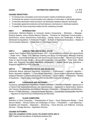 96
CS3551 DISTRIBUTED COMPUTING L T P C
3 0 0 3
COURSE OBJECTIVES:
 To introduce the computation and communication models of distributed systems
 To illustrate the issues of synchronization and collection of information in distributed systems
 To describe distributed mutual exclusion and distributed deadlock detection techniques
 To elucidate agreement protocols and fault tolerance mechanisms in distributed systems
 To explain the cloud computing models and the underlying concepts
UNIT I INTRODUCTION 8
Introduction: Definition-Relation to Computer System Components – Motivation – Message -
Passing Systems versus Shared Memory Systems – Primitives for Distributed Communication –
Synchronous versus Asynchronous Executions – Design Issues and Challenges; A Model of
Distributed Computations: A Distributed Program – A Model of Distributed Executions – Models of
Communication Networks – Global State of a Distributed System.
UNIT II LOGICAL TIME AND GLOBAL STATE 10
Logical Time: Physical Clock Synchronization: NTP – A Framework for a System of Logical Clocks
– Scalar Time – Vector Time; Message Ordering and Group Communication: Message Ordering
Paradigms – Asynchronous Execution with Synchronous Communication – Synchronous Program
Order on Asynchronous System – Group Communication – Causal Order – Total Order; Global
State and Snapshot Recording Algorithms: Introduction – System Model and Definitions –
Snapshot Algorithms for FIFO Channels.
UNIT III DISTRIBUTED MUTEX AND DEADLOCK 10
Distributed Mutual exclusion Algorithms: Introduction – Preliminaries – Lamport’s algorithm –
Ricart- Agrawala’s Algorithm –– Token-Based Algorithms – Suzuki-Kasami’s Broadcast Algorithm;
Deadlock Detection in Distributed Systems: Introduction – System Model – Preliminaries – Models
of Deadlocks – Chandy-Misra-Haas Algorithm for the AND model and OR Model.
UNIT IV CONSENSUS AND RECOVERY 10
Consensus and Agreement Algorithms: Problem Definition – Overview of Results – Agreement in
a Failure-Free System(Synchronous and Asynchronous) – Agreement in Synchronous Systems
with Failures; Checkpointing and Rollback Recovery: Introduction – Background and Definitions –
Issues in Failure Recovery – Checkpoint-based Recovery – Coordinated Checkpointing Algorithm
-- Algorithm for Asynchronous Checkpointing and Recovery
UNIT V CLOUD COMPUTING 7
Definition of Cloud Computing – Characteristics of Cloud – Cloud Deployment Models – Cloud
Service Models – Driving Factors and Challenges of Cloud – Virtualization – Load Balancing –
Scalability and Elasticity – Replication – Monitoring – Cloud Services and Platforms: Compute
Services – Storage Services – Application Services
COURSE OUTCOMES:
Upon the completion of this course, the student will be able to
CO1: Explain the foundations of distributed systems (K2)
 