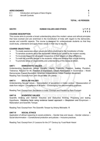 93
AERO ENGINES 6
E 1 Introduction and types of Aero Engine 3
E 2 Aircraft Controls 3
TOTAL : 45 PERIODS
GE3791 HUMAN VALUES AND ETHICS L T P C
2 0 0 2
COURSE DESCRIPTION
This course aims to provide a broad understanding about the modern values and ethical principles
that have evolved and are enshrined in the Constitution of India with regard to the democratic,
secular and scientific aspects. The course is designed for undergraduate students so that they
could study, understand and apply these values in their day to day life.
COURSE OBJECTIVES:
 To create awareness about values and ethics enshrined in the Constitution of India
 To sensitize students about the democratic values to be upheld in the modern society.
 To inculcate respect for all people irrespective of their religion or other affiliations.
 To instill the scientific temper in the students’ minds and develop their critical thinking.
 To promote sense of responsibility and understanding of the duties of citizen.
UNIT I DEMOCRATIC VALUES 6
Understanding Democratic values: Equality, Liberty, Fraternity, Freedom, Justice, Pluralism,
Tolerance, Respect for All, Freedom of Expression, Citizen Participation in Governance – World
Democracies: French Revolution, American Independence, Indian Freedom Movement.
Reading Text: Excerpts from John Stuart Mills’ On Liberty
UNIT II SECULAR VALUES 6
Understanding Secular values – Interpretation of secularism in Indian context - Disassociation of
state from religion – Acceptance of all faiths – Encouraging non-discriminatory practices.
Reading Text: Excerpt from Secularism in India: Concept and Practice by Ram Puniyani
UNIT III SCIENTIFIC VALUES 6
Scientific thinking and method: Inductive and Deductive thinking, Proposing and testing
Hypothesis, Validating facts using evidence based approach – Skepticism and Empiricism –
Rationalism and Scientific Temper.
Reading Text: Excerpt from The Scientific Temper by Antony Michaelis R
UNIT IV SOCIAL ETHICS 6
Application of ethical reasoning to social problems – Gender bias and issues – Gender violence –
Social discrimination – Constitutional protection and policies – Inclusive practices.
Reading Text: Excerpt from 21 Lessons for the 21st
Century by Yuval Noah Harari
 