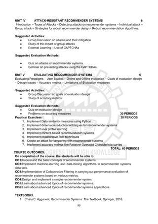99
UNIT IV ATTACK-RESISTANT RECOMMENDER SYSTEMS 6
Introduction – Types of Attacks – Detecting attacks on recommender systems – Individual attack –
Group attack – Strategies for robust recommender design - Robust recommendation algorithms.
Suggested Activities:
● Group Discussion on attacks and their mitigation
● Study of the impact of group attacks
● External Learning – Use of CAPTCHAs
Suggested Evaluation Methods:
● Quiz on attacks on recommender systems
● Seminar on preventing attacks using the CAPTCHAs
UNIT V EVALUATING RECOMMENDER SYSTEMS 6
Evaluating Paradigms – User Studies – Online and Offline evaluation – Goals of evaluation design
– Design Issues – Accuracy metrics – Limitations of Evaluation measures
Suggested Activities:
● Group Discussion on goals of evaluation design
● Study of accuracy metrics
Suggested Evaluation Methods:
● Quiz on evaluation design
● Problems on accuracy measures 30 PERIODS
Practical Exercises 30 PERIODS
1. Implement Data similarity measures using Python
2. Implement dimension reduction techniques for recommender systems
3. Implement user profile learning
4. Implement content-based recommendation systems
5. Implement collaborative filter techniques
6. Create an attack for tampering with recommender systems
7. Implement accuracy metrics like Receiver Operated Characteristic curves
TOTAL: 60 PERIODS
COURSE OUTCOMES:
On completion of the course, the students will be able to:
CO1:Understand the basic concepts of recommender systems.
CO2:Implement machine-learning and data-mining algorithms in recommender systems
data sets.
CO3:Implementation of Collaborative Filtering in carrying out performance evaluation of
recommender systems based on various metrics.
CO4:Design and implement a simple recommender system.
CO5:Learn about advanced topics of recommender systems.
CO6:Learn about advanced topics of recommender systems applications
TEXTBOOKS:
1. Charu C. Aggarwal, Recommender Systems: The Textbook, Springer, 2016.
 