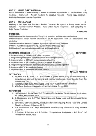 101
UNIT IV NEURO FUZZY MODELING 6
ANFIS architecture – hybrid learning – ANFIS as universal approximator – Coactive Neuro fuzzy
modeling – Framework – Neuron functions for adaptive networks – Neuro fuzzy spectrum -
Analysis of Adaptive Learning Capability
UNIT V APPLICATIONS 6
Modeling a two input sine function - Printed Character Recognition – Fuzzy filtered neural
networks – Plasma Spectrum Analysis – Hand written neural recognition - Soft Computing for
Color Recipe Prediction.
30 PERIODS
OUTCOMES:
CO1:Understand the fundamentals of fuzzy logic operators and inference mechanisms
CO2:Understand neural network architecture for AI applications such as classification and
clustering
CO3:Learn the functionality of Genetic Algorithms in Optimization problems
CO4:Use hybrid techniques involving Neural networks and Fuzzy logic
CO5:Apply soft computing techniques in real world applications
PRACTICAL EXERCISES 30 PERIODS
1. Implementation of fuzzy control/ inference system
2. Programming exercise on classification with a discrete perceptron
3. Implementation of XOR with backpropagation algorithm
4. Implementation of self organizing maps for a specific application
5. Programming exercises on maximizing a function using Genetic algorithm
6. Implementation of two input sine function
7. Implementation of three input non linear function
TOTAL:60 PERIODS
TEXT BOOKS:
1. SaJANG, J.-S. R., SUN, C.-T., & MIZUTANI, E. (1997). Neuro-fuzzy and soft computing: A
computational approach to learning and machine intelligence. Upper Saddle River, NJ,
Prentice Hall,1997
2. Himanshu Singh, Yunis Ahmad Lone, Deep Neuro-Fuzzy Systems with Python
3. With Case Studies and Applications from the Industry, Apress, 2020
REFERENCES
1. roj Kaushik and Sunita Tiwari, Soft Computing-Fundamentals Techniques and Applications,
1st Edition, McGraw Hill, 2018.
2. S. Rajasekaran and G.A.V.Pai, “Neural Networks, Fuzzy Logic and Genetic Algorithms”,
PHI, 2003.
3. Samir Roy, Udit Chakraborthy, Introduction to Soft Computing, Neuro Fuzzy and Genetic
Algorithms, Pearson Education, 2013.
4. S.N. Sivanandam, S.N. Deepa, Principles of Soft Computing, Third Edition, Wiley India Pvt
Ltd, 2019.
5. R.Eberhart, P.Simpson and R.Dobbins, “Computational Intelligence - PC Tools”, AP
Professional, Boston, 1996
 