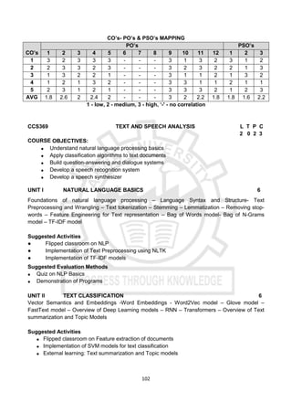 102
CO’s- PO’s & PSO’s MAPPING
CO’s
PO’s PSO’s
1 2 3 4 5 6 7 8 9 10 11 12 1 2 3
1 3 2 3 3 3 - - - 3 1 3 2 3 1 2
2 2 3 3 2 3 - - - 3 2 3 2 2 1 3
3 1 3 2 2 1 - - - 3 1 1 2 1 3 2
4 1 2 1 3 2 - - - 3 3 1 1 2 1 1
5 2 3 1 2 1 - - - 3 3 3 2 1 2 3
AVG 1.8 2.6 2 2.4 2 - - - 3 2 2.2 1.8 1.8 1.6 2.2
1 - low, 2 - medium, 3 - high, ‘-' - no correlation
CCS369 TEXT AND SPEECH ANALYSIS L T P C
2 0 2 3
COURSE OBJECTIVES:
 Understand natural language processing basics
 Apply classification algorithms to text documents
 Build question-answering and dialogue systems
 Develop a speech recognition system
 Develop a speech synthesizer
UNIT I NATURAL LANGUAGE BASICS 6
Foundations of natural language processing – Language Syntax and Structure- Text
Preprocessing and Wrangling – Text tokenization – Stemming – Lemmatization – Removing stop-
words – Feature Engineering for Text representation – Bag of Words model- Bag of N-Grams
model – TF-IDF model
Suggested Activities
● Flipped classroom on NLP
● Implementation of Text Preprocessing using NLTK
● Implementation of TF-IDF models
Suggested Evaluation Methods
 Quiz on NLP Basics
 Demonstration of Programs
UNIT II TEXT CLASSIFICATION 6
Vector Semantics and Embeddings -Word Embeddings - Word2Vec model – Glove model –
FastText model – Overview of Deep Learning models – RNN – Transformers – Overview of Text
summarization and Topic Models
Suggested Activities
 Flipped classroom on Feature extraction of documents
 Implementation of SVM models for text classification
 External learning: Text summarization and Topic models
 