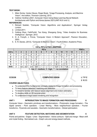 108
TEXT BOOK:
1. Milan Sonka, Vaclav Hlavac, Roger Boyle, “Image Processing, Analysis, and Machine
Vision”, 4nd edition, Thomson Learning, 2013.
2. Vaibhav Verdhan,(2021, Computer Vision Using Deep Learning Neural Network
Architectures with Python and Keras,Apress 2021(UNIT-III,IV and V)
REFERENCES
1. Richard Szeliski, “Computer Vision: Algorithms and Applications”, Springer Verlag
London
2. Limited,2011.
3. Caifeng Shan, FatihPorikli, Tao Xiang, Shaogang Gong, “Video Analytics for Business
Intelligence”, Springer, 2012.
4. D. A. Forsyth, J. Ponce, “Computer Vision: A Modern Approach”, Pearson Education,
2003.
5. E. R. Davies, (2012), “Computer & Machine Vision”, Fourth Edition, Academic Press.
CO’s- PO’s & PSO’s MAPPING
CO’s
PO’s PSO’s
1 2 3 4 5 6 7 8 9 10 11 12 1 2 3
1 3 1 2 2 2 - - - 3 3 2 1 2 1 3
2 2 2 3 3 3 - - - 3 2 1 1 2 2 1
3 1 2 2 2 3 - - - 1 2 1 2 1 1 3
4 1 2 3 2 3 - - - 2 2 2 3 2 2 2
5 3 2 1 3 2 - - - 2 1 1 3 3 2 1
AVG 2 1.8 2.2 2.4 2.6 - - - 2.2 2 1.4 2 2 1.6 2
1 - low, 2 - medium, 3 - high, ‘-' - no correlation
CCS338 COMPUTER VISION L T P C
2 0 2 3
COURSE OBJECTIVES:
 To understand the fundamental concepts related to Image formation and processing.
 To learn feature detection, matching and detection
 To become familiar with feature based alignment and motion estimation
 To develop skills on 3D reconstruction
 To understand image based rendering and recognition
UNIT I INTRODUCTION TO IMAGE FORMATION AND PROCESSING 6
Computer Vision - Geometric primitives and transformations - Photometric image formation - The
digital camera - Point operators - Linear filtering - More neighborhood operators - Fourier
transforms - Pyramids and wavelets - Geometric transformations - Global optimization.
UNIT II FEATURE DETECTION, MATCHING AND SEGMENTATION 6
Points and patches - Edges - Lines - Segmentation - Active contours - Split and merge - Mean shift
and mode finding - Normalized cuts - Graph cuts and energy-based methods.
 