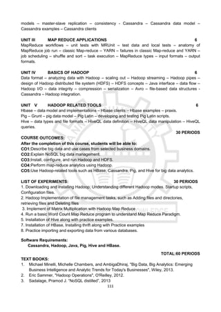 111
models – master-slave replication – consistency - Cassandra – Cassandra data model –
Cassandra examples – Cassandra clients
UNIT III MAP REDUCE APPLICATIONS 6
MapReduce workflows – unit tests with MRUnit – test data and local tests – anatomy of
MapReduce job run – classic Map-reduce – YARN – failures in classic Map-reduce and YARN –
job scheduling – shuffle and sort – task execution – MapReduce types – input formats – output
formats.
UNIT IV BASICS OF HADOOP 6
Data format – analyzing data with Hadoop – scaling out – Hadoop streaming – Hadoop pipes –
design of Hadoop distributed file system (HDFS) – HDFS concepts – Java interface – data flow –
Hadoop I/O – data integrity – compression – serialization – Avro – file-based data structures -
Cassandra – Hadoop integration.
UNIT V HADOOP RELATED TOOLS 6
Hbase – data model and implementations – Hbase clients – Hbase examples – praxis.
Pig – Grunt – pig data model – Pig Latin – developing and testing Pig Latin scripts.
Hive – data types and file formats – HiveQL data definition – HiveQL data manipulation – HiveQL
queries.
30 PERIODS
COURSE OUTCOMES:
After the completion of this course, students will be able to:
CO1:Describe big data and use cases from selected business domains.
CO2:Explain NoSQL big data management.
CO3:Install, configure, and run Hadoop and HDFS.
CO4:Perform map-reduce analytics using Hadoop.
CO5:Use Hadoop-related tools such as HBase, Cassandra, Pig, and Hive for big data analytics.
LIST OF EXPERIMENTS: 30 PERIODS
1. Downloading and installing Hadoop; Understanding different Hadoop modes. Startup scripts,
Configuration files.
2. Hadoop Implementation of file management tasks, such as Adding files and directories,
retrieving files and Deleting files
3. Implement of Matrix Multiplication with Hadoop Map Reduce
4. Run a basic Word Count Map Reduce program to understand Map Reduce Paradigm.
5. Installation of Hive along with practice examples.
7. Installation of HBase, Installing thrift along with Practice examples
8. Practice importing and exporting data from various databases.
Software Requirements:
Cassandra, Hadoop, Java, Pig, Hive and HBase.
TOTAL:60 PERIODS
TEXT BOOKS:
1. Michael Minelli, Michelle Chambers, and AmbigaDhiraj, "Big Data, Big Analytics: Emerging
Business Intelligence and Analytic Trends for Today's Businesses", Wiley, 2013.
2. Eric Sammer, "Hadoop Operations", O'Reilley, 2012.
3. Sadalage, Pramod J. “NoSQL distilled”, 2013
 