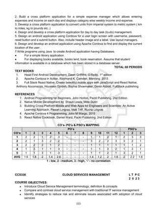 115
2. Build a cross platform application for a simple expense manager which allows entering
expenses and income on each day and displays category wise weekly income and expense.
3. Develop a cross platform application to convert units from imperial system to metric system ( km
to miles, kg to pounds etc.,)
4. Design and develop a cross platform application for day to day task (to-do) management.
5. Design an android application using Cordova for a user login screen with username, password,
reset button and a submit button. Also, include header image and a label. Use layout managers.
6. Design and develop an android application using Apache Cordova to find and display the current
location of the user.
7.Write programs using Java to create Android application having Databases
● For a simple library application.
● For displaying books available, books lend, book reservation. Assume that student
information is available in a database which has been stored in a database server.
TOTAL:60 PERIODS
TEXT BOOKS
1. Head First Android Development, Dawn Griffiths, O’Reilly, 1st
edition
2. Apache Cordova in Action, Raymond K. Camden, Manning. 2015
3. Full Stack React Native: Create beautiful mobile apps with JavaScript and React Native,
Anthony Accomazzo, Houssein Djirdeh, Sophia Shoemaker, Devin Abbott, FullStack publishing
REFERENCES
1. Android Programming for Beginners, John Horton, Packt Publishing, 2nd Edition
2. Native Mobile Development by Shaun Lewis, Mike Dunn
3. Building Cross-Platform Mobile and Web Apps for Engineers and Scientists: An Active
Learning Approach, Pawan Lingras, Matt Triff, Rucha Lingras
4. Apache Cordova 4 Programming, John M Wargo, 2015
5. React Native Cookbook, Daniel Ward, Packt Publishing, 2nd Edition
CO’s- PO’s & PSO’s MAPPING
CO’s
PO’s PSO’s
1 2 3 4 5 6 7 8 9 10 11 12 1 2 3
1 2 2 1 2 3 - - - 1 1 2 1 2 3 3
2 2 1 3 2 2 - - - 3 2 2 3 3 2 1
3 2 2 2 1 2 - - - 1 1 1 1 1 1 2
4 1 3 1 1 3 - - - 1 1 3 2 1 3 1
5 1 1 3 1 3 - - - 1 1 2 1 3 2 1
AVG 1.6 1.8 2 1.4 2.6 - - - 1.4 1.2 2 1.6 2 2.2 1.6
1 - low, 2 - medium, 3 - high, ‘-' - no correlation
CCS336 CLOUD SERVICES MANAGEMENT L T P C
2 0 2 3
COURSE OBJECTIVES:
 Introduce Cloud Service Management terminology, definition & concepts
 Compare and contrast cloud service management with traditional IT service management
 Identify strategies to reduce risk and eliminate issues associated with adoption of cloud
services
 