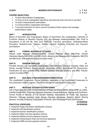 141
CCS351 MODERN CRYPTOGRAPHY L T P C
2 0 2 3
COURSE OBJECTIVES:
 To learn about Modern Cryptography.
 To focus on how cryptographic algorithms and protocols work and how to use them.
 To build a Pseudorandom permutation.
 To construct Basic cryptanalytic techniques.
 To provide instruction on how to use the concepts of block ciphers and message
authentication codes.
UNIT I INTRODUCTION 6
Basics of Symmetric Key Cryptography, Basics of Asymmetric Key Cryptography, Hardness of
Functions. Notions of Semantic Security (SS) and Message Indistinguishability (MI): Proof of
Equivalence of SS and MI, Hard Core Predicate, Trap-door permutation, Goldwasser-Micali
Encryption. Goldreich-Levin Theorem: Relation between Hardcore Predicates and Trap-door
permutations.
UNIT II FORMAL NOTIONS OF ATTACKS 6
Attacks under Message Indistinguishability: Chosen Plaintext Attack (IND-CPA), Chosen
Ciphertext Attacks (IND-CCA1 and IND-CCA2), Attacks under Message Non-malleability: NM-CPA
and NM-CCA2, Inter-relations among the attack model
UNIT III RANDOM ORACLES 6
Provable Security and asymmetric cryptography, hash functions. One-way functions: Weak and
Strong one-way functions. Pseudo-random Generators (PRG): Blum-Micali-Yao Construction,
Construction of more powerful PRG, Relation between One-way functions and PRG, Pseudo-
random Functions (PRF)
UNIT IV BUILDING A PSEUDORANDOM PERMUTATION 6
The LubyRackoff Construction: Formal Definition, Application of the LubyRackoff Construction to
the construction of Block Ciphers, The DES in the light of LubyRackoff Construction.
UNIT V MESSAGE AUTHENTICATION CODES 6
Left or Right Security (LOR). Formal Definition of Weak and Strong MACs, Using a PRF as a MAC,
Variable length MAC. Public Key Signature Schemes: Formal Definitions, Signing and Verification,
Formal Proofs of Security of Full Domain Hashing. Assumptions for Public Key Signature
Schemes: One-way functions Imply Secure One-time Signatures. Shamir's Secret Sharing
Scheme. Formally Analyzing Cryptographic Protocols. Zero Knowledge Proofs and Protocols.
30 PERIODS
PRACTICAL EXERCISES: 30 PERIODS
1. Implement Feige-Fiat-Shamir identification protocol.
2. Implement GQ identification protocol.
3. Implement Schnorr identification protocol.
4. Implement Rabin one-time signature scheme.
5. Implement Merkle one-time signature scheme.
6. Implement Authentication trees and one-time signatures.
7. Implement GMR one-time signature scheme.
 