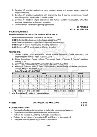 149
7. Develop VR enabled applications using motion trackers and sensors incorporating full
haptic interactivity.
8. Develop AR enabled applications with interactivity like E learning environment, Virtual
walkthroughs and visualization of historic places.
9. Develop AR enabled simple applications like human anatomy visualization, DNA/RNA
structure visualization and surgery simulation.
10. Develop simple MR enabled gaming applications.
30 PERIODS
TOTAL: 60 PERIODS
COURSE OUTCOMES:
On completion of the course, the students will be able to:
CO1:Understand the basic concepts of AR and VR
CO2:Understand the tools and technologies related to AR/VR
CO3:Know the working principle of AR/VR related Sensor devices
CO4:Design of various models using modeling techniques
CO5:Develop AR/VR applications in different domains
TEXTBOOKS:
1. Charles Palmer, John Williamson, “Virtual Reality Blueprints: Create compelling VR
experiences for mobile”, Packt Publisher, 2018
2. Dieter Schmalstieg, Tobias Hollerer, “Augmented Reality: Principles & Practice”, Addison
Wesley, 2016
3. John Vince, “Introduction to Virtual Reality”, Springer-Verlag, 2004.
4. William R. Sherman, Alan B. Craig: Understanding Virtual Reality – Interface, Application,
Design”, Morgan Kaufmann, 2003
CO’s-PO’s & PSO’s MAPPING
CO’s PO’s PSO’s
1 2 3 4 5 6 7 8 9 10 11 12 1 2 3
1 3 2 2 - 3 - - - 2 2 1 2 2 1 2
2 3 2 2 1 3 - - - 3 2 2 3 3 1 2
3 3 3 2 2 3 - - - 3 2 1 2 3 2 2
4 3 3 3 2 3 - - - 3 2 2 3 3 2 2
5 3 3 3 3 3 - - - 3 3 3 3 3 3 3
AVg. 3.00 2.60 2.40 2.00 3.00 - - - 2.80 2.20 1.80 2.60 2.80 1.80 2.20
1 - low, 2 - medium, 3 - high, ‘-' - no correlation
CCS352 MULTIMEDIA AND ANIMATION L T P C
2 0 2 3
COURSE OBJECTIVES:
 To grasp the fundamental knowledge of Multimedia elements and systems
 To get familiar with Multimedia file formats and standards
 To learn the process of Authoring multimedia presentations
 To learn the techniques of animation in 2D and 3D and for the mobile UI
 To explore different popular applications of multimedia
 