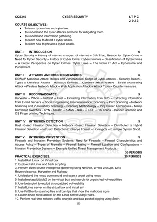 163
CCS340 CYBER SECURITY L T P C
2 0 2 3
COURSE OBJECTIVES:
 To learn cybercrime and cyberlaw.
 To understand the cyber attacks and tools for mitigating them.
 To understand information gathering.
 To learn how to detect a cyber attack.
 To learn how to prevent a cyber attack.
UNIT I INTRODUCTION 6
Cyber Security – History of Internet – Impact of Internet – CIA Triad; Reason for Cyber Crime –
Need for Cyber Security – History of Cyber Crime; Cybercriminals – Classification of Cybercrimes
– A Global Perspective on Cyber Crimes; Cyber Laws – The Indian IT Act – Cybercrime and
Punishment.
UNIT II ATTACKS AND COUNTERMEASURES 6
OSWAP; Malicious Attack Threats and Vulnerabilities: Scope of Cyber-Attacks – Security Breach –
Types of Malicious Attacks – Malicious Software – Common Attack Vectors – Social engineering
Attack – Wireless Network Attack – Web Application Attack – Attack Tools – Countermeasures.
UNIT III RECONNAISSANCE 5
Harvester – Whois – Netcraft – Host – Extracting Information from DNS – Extracting Information
from E-mail Servers – Social Engineering Reconnaissance; Scanning – Port Scanning – Network
Scanning and Vulnerability Scanning – Scanning Methodology – Ping Sweer Techniques – Nmap
Command Switches – SYN – Stealth – XMAS – NULL – IDLE – FIN Scans – Banner Grabbing and
OS Finger printing Techniques.
UNIT IV INTRUSION DETECTION 5
Host -Based Intrusion Detection – Network -Based Intrusion Detection – Distributed or Hybrid
Intrusion Detection – Intrusion Detection Exchange Format – Honeypots – Example System Snort.
UNIT V INTRUSION PREVENTION 5
Firewalls and Intrusion Prevention Systems: Need for Firewalls – Firewall Characteristics and
Access Policy – Types of Firewalls – Firewall Basing – Firewall Location and Configurations –
Intrusion Prevention Systems – Example Unified Threat Management Products.
30 PERIODS
PRACTICAL EXERCISES: 30 PERIODS
1. Install Kali Linux on Virtual box
2. Explore Kali Linux and bash scripting
3. Perform open source intelligence gathering using Netcraft, Whois Lookups, DNS
Reconnaissance, Harvester and Maltego
4. Understand the nmap command d and scan a target using nmap
5. Install metasploitable2 on the virtual box and search for unpatched vulnerabilities
6. Use Metasploit to exploit an unpatched vulnerability
7. Install Linus server on the virtual box and install ssh
8. Use Fail2banto scan log files and ban Ips that show the malicious signs
9. Launch brute-force attacks on the Linux server using Hydra.
10. Perform real-time network traffic analysis and data pocket logging using Snort
 
