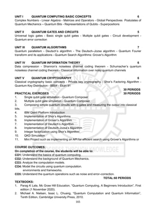 165
UNIT I QUANTUM COMPUTING BASIC CONCEPTS 6
Complex Numbers - Linear Algebra - Matrices and Operators - Global Perspectives Postulates of
Quantum Mechanics – Quantum Bits - Representations of Qubits - Superpositions
UNIT II QUANTUM GATES AND CIRCUITS 5
Universal logic gates - Basic single qubit gates - Multiple qubit gates - Circuit development -
Quantum error correction
UNIT III QUANTUM ALGORITHMS 7
Quantum parallelism - Deutsch’s algorithm - The Deutsch–Jozsa algorithm - Quantum Fourier
transform and its applications - Quantum Search Algorithms: Grover’s Algorithm
UNIT IV QUANTUM INFORMATION THEORY 6
Data compression - Shannon’s noiseless channel coding theorem - Schumacher’s quantum
noiseless channel coding theorem - Classical information over noisy quantum channels
UNIT V QUANTUM CRYPTOGRAPHY 6
Classical cryptography basic concepts - Private key cryptography - Shor’s Factoring Algorithm -
Quantum Key Distribution - BB84 - Ekart 91
30 PERIODS
PRACTICAL EXERCISES 30 PERIODS
1. Single qubit gate simulation - Quantum Composer
2. Multiple qubit gate simulation - Quantum Composer
3. Composing simple quantum circuits with q-gates and measuring the output into classical
bits.
4. IBM Qiskit Platform Introduction
5. Implementation of Shor’s Algorithms
6. Implementation of Grover’s Algorithm
7. Implementation of Deutsch’s Algorithm
8. Implementation of Deutsch-Jozsa’s Algorithm
9. Integer factorization using Shor’s Algorithm
10. QKD Simulation
11. Mini Project such as implementing an API for efficient search using Grover’s Algorithms or
COURSE OUTCOMES:
On completion of the course, the students will be able to:
CO1: Understand the basics of quantum computing.
CO2: Understand the background of Quantum Mechanics.
CO3: Analyze the computation models.
CO4: Model the circuits using quantum computation.
environments and frameworks.
CO5: Understand the quantum operations such as noise and error–correction.
TOTAL:60 PERIODS
TEXTBOOKS:
1. Parag K Lala, Mc Graw Hill Education, “Quantum Computing, A Beginners Introduction”, First
edition (1 November 2020).
2. Michael A. Nielsen, Issac L. Chuang, “Quantum Computation and Quantum Information”,
Tenth Edition, Cambridge University Press, 2010.
 